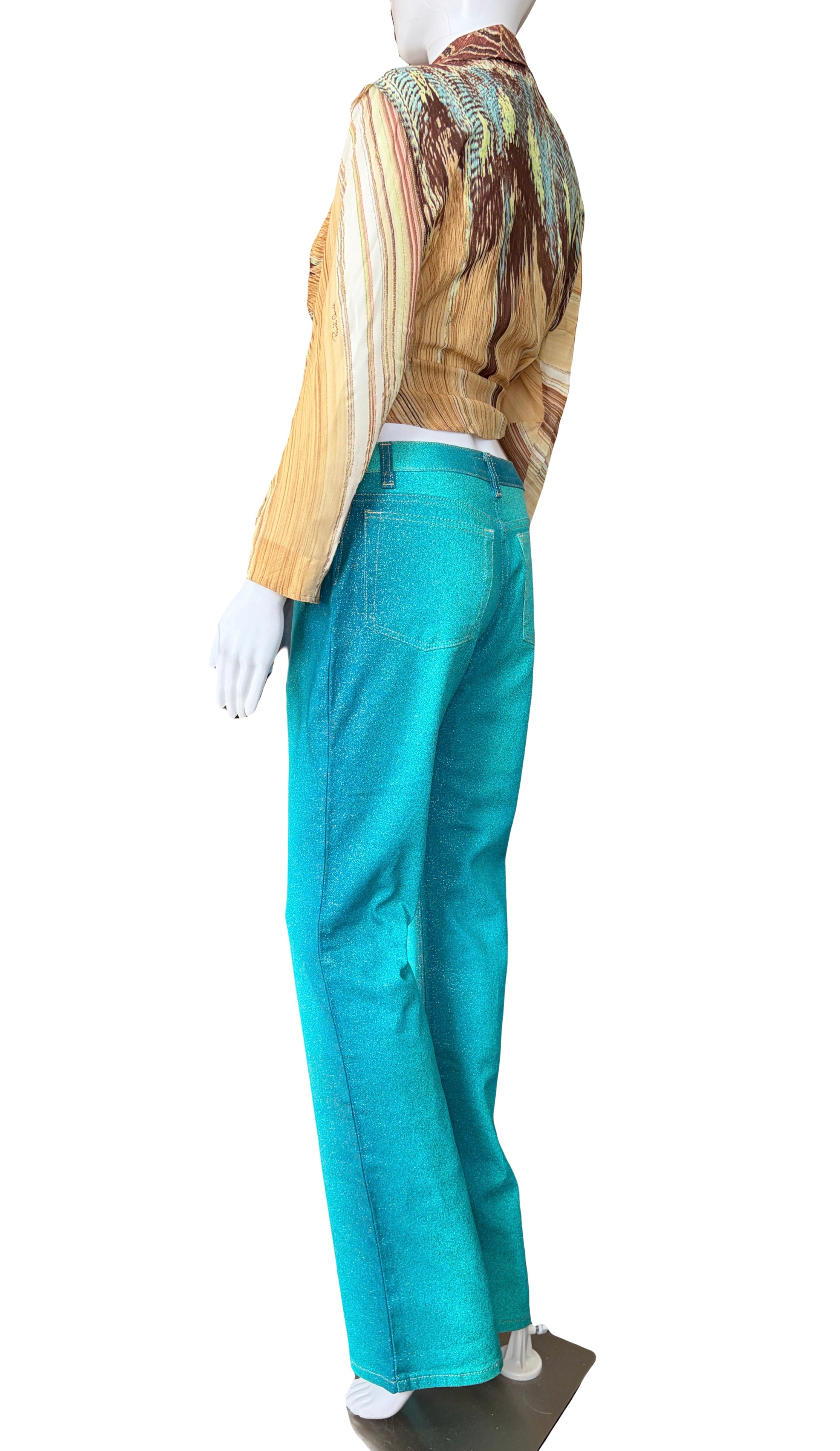 Roberto Cavalli 2000s Teal Shimmer Gold Straight Jeans XS