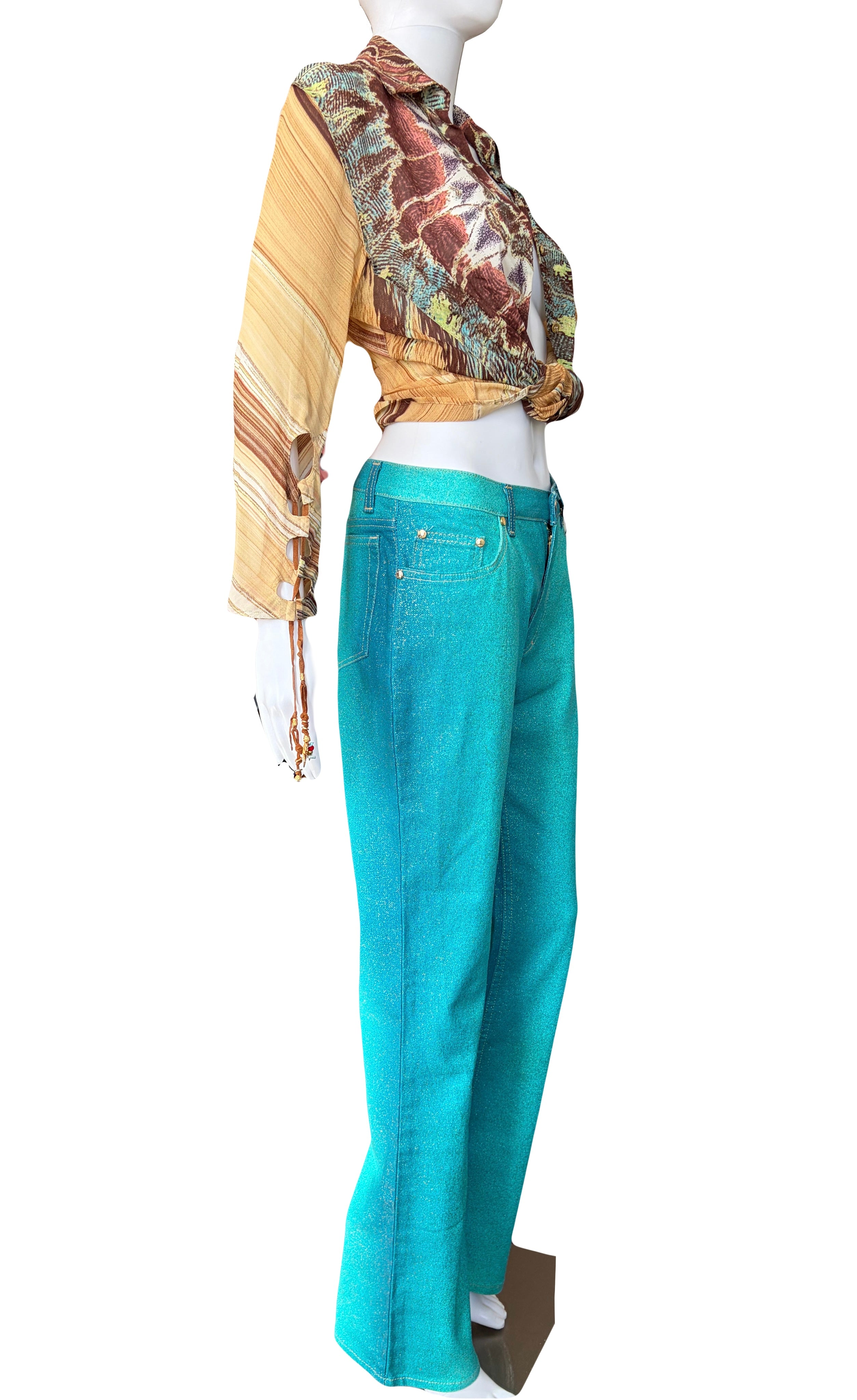 Roberto Cavalli 2000s Teal Shimmer Gold Straight Jeans XS