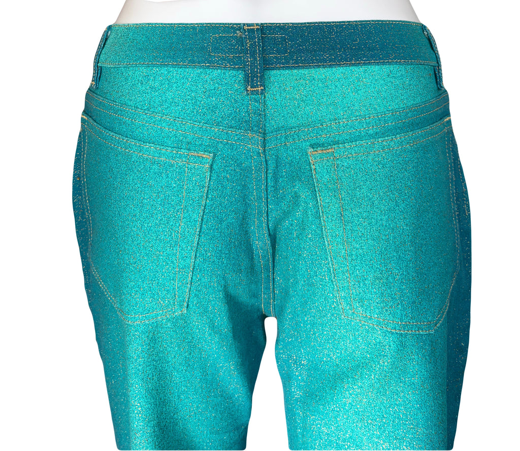 Roberto Cavalli 2000s Teal Shimmer Gold Straight Jeans XS