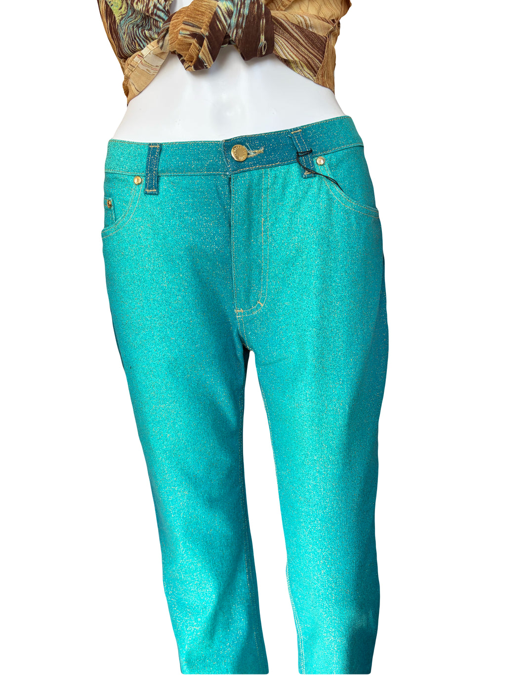 Roberto Cavalli 2000s Teal Shimmer Gold Straight Jeans XS