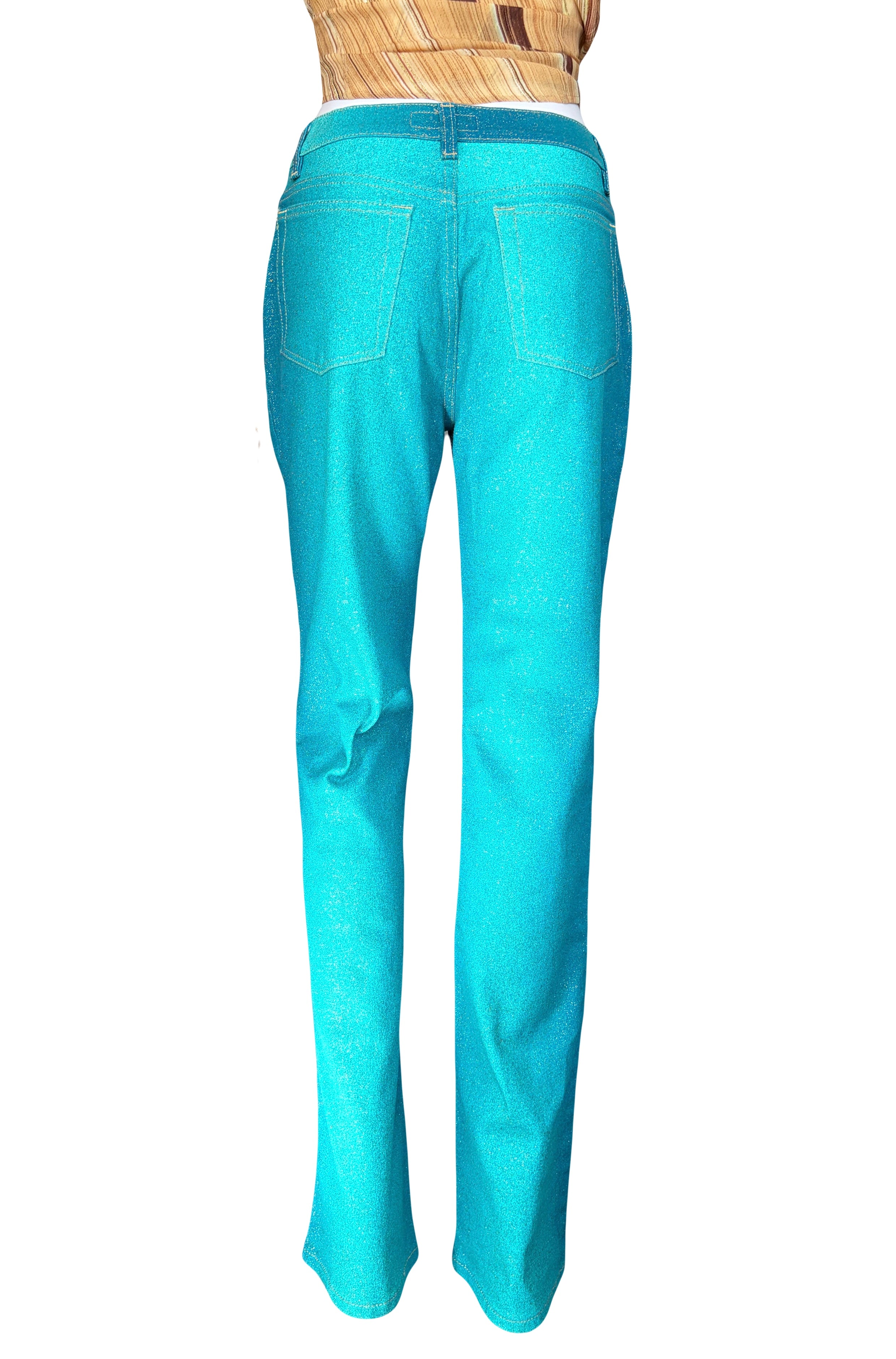 Roberto Cavalli 2000s Teal Shimmer Gold Straight Jeans XS