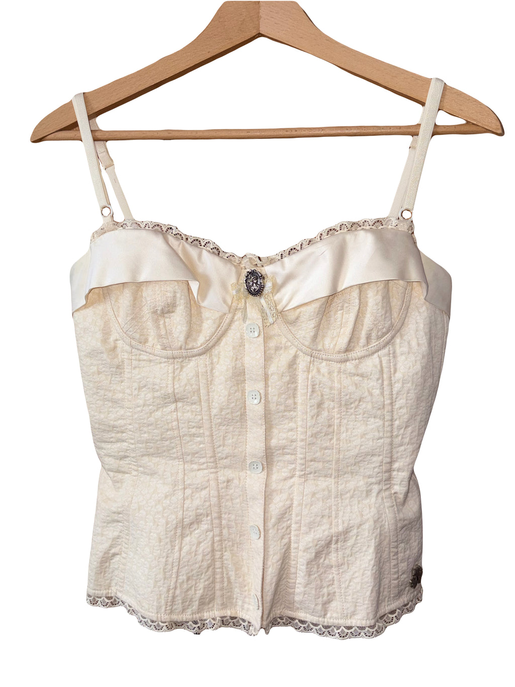 John Galliano 2000s Bustier Corset Lace Trim Cotton Silk Champagne Beige 42IT