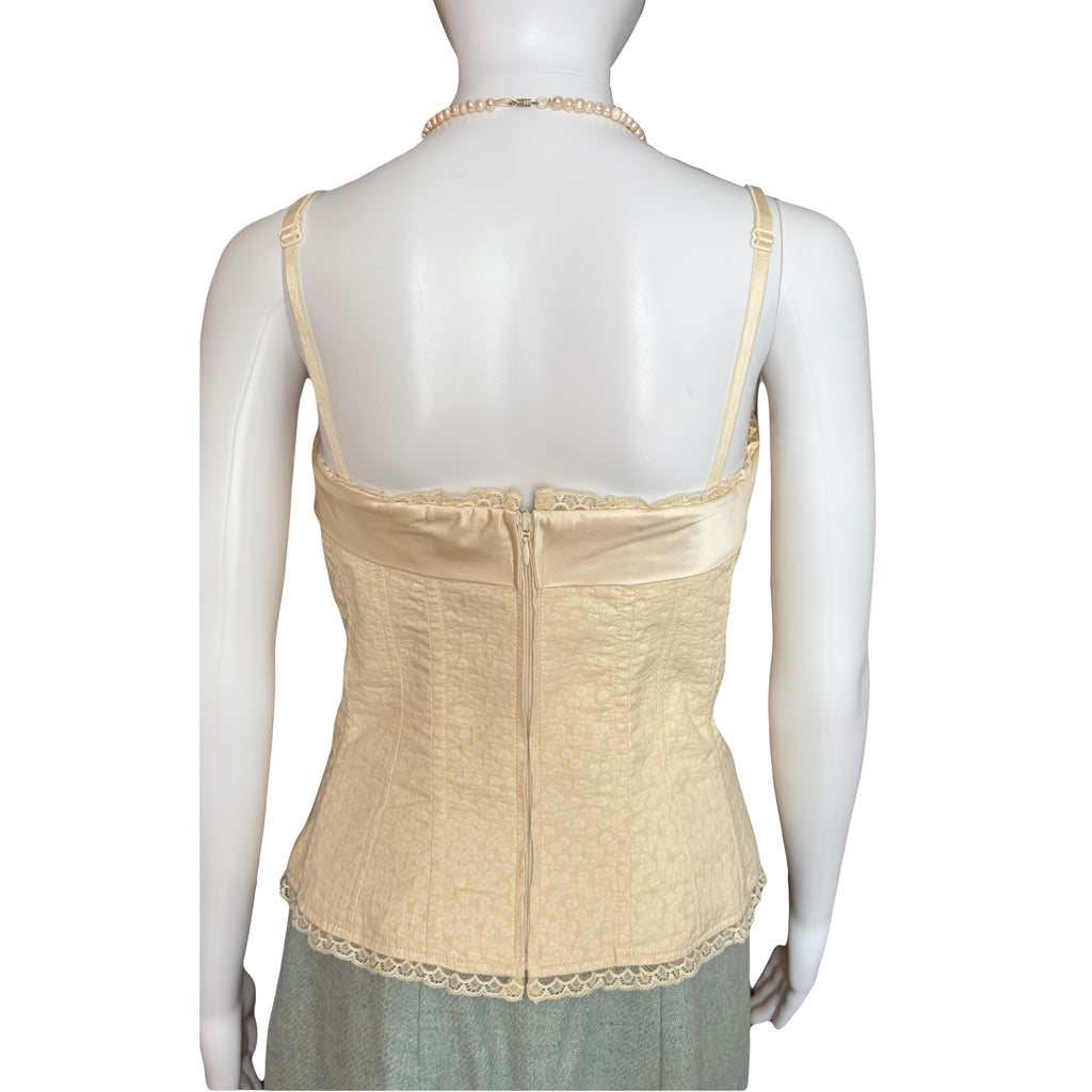 John Galliano 2000s Bustier Corset Lace Trim Cotton Silk Champagne Beige 42IT
