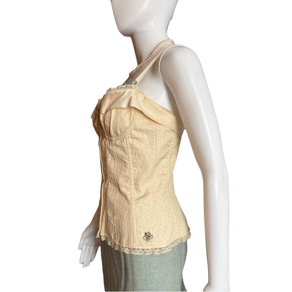 John Galliano 2000s Bustier Corset Lace Trim Cotton Silk Champagne Beige 42IT