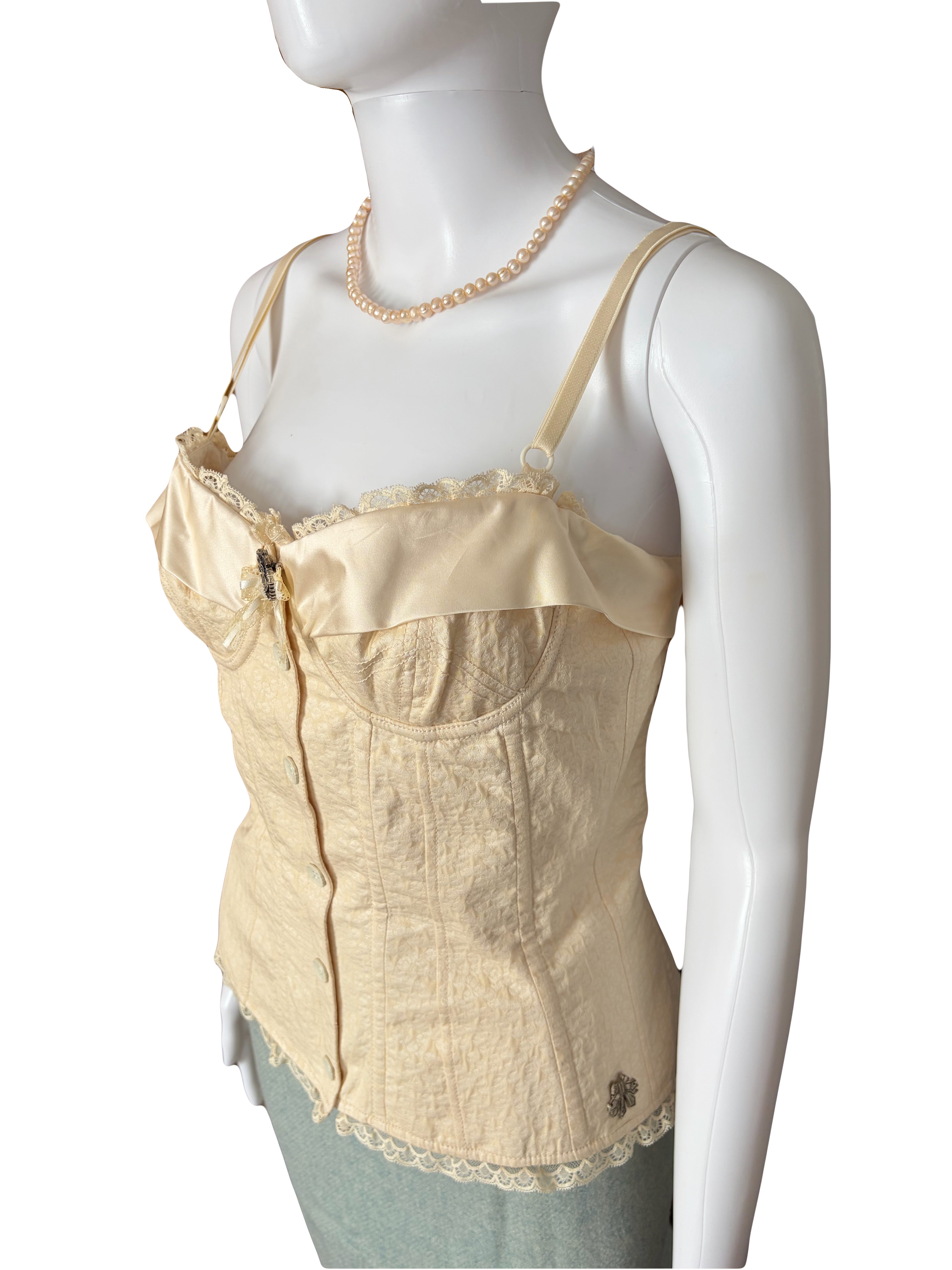 John Galliano 2000s Bustier Corset Lace Trim Cotton Silk Champagne Beige 42IT