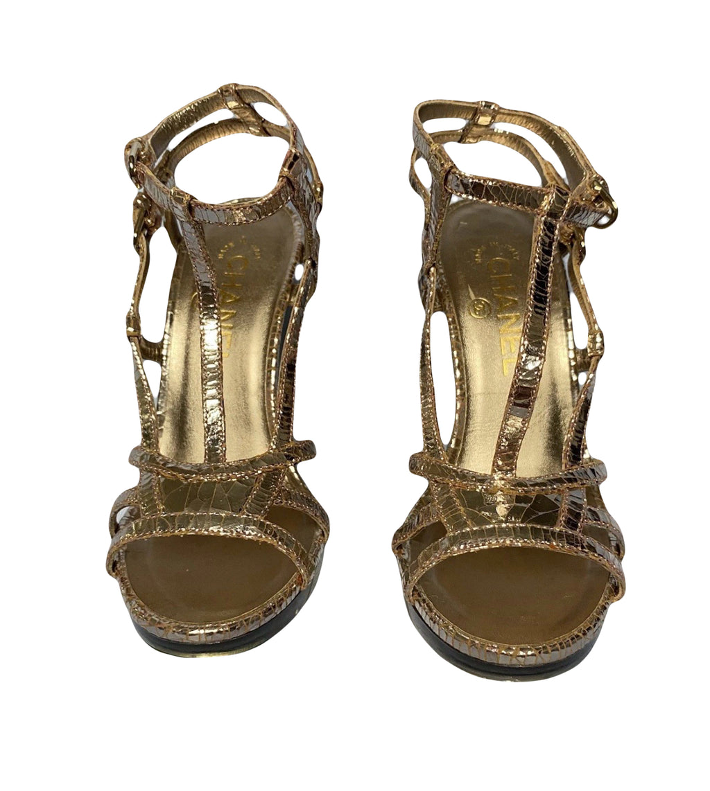Chanel Rose Gold Sandals Cracked Leather Open Toe LED Light 36.5eu Resort 2015