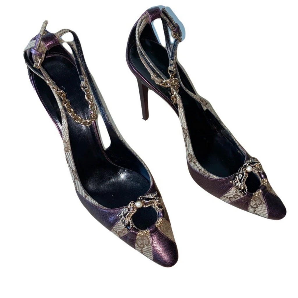 Gucci Dragon Heels Fall/2004 by Tom Ford Era Burgundy Leather GG Canvas Swarovski
