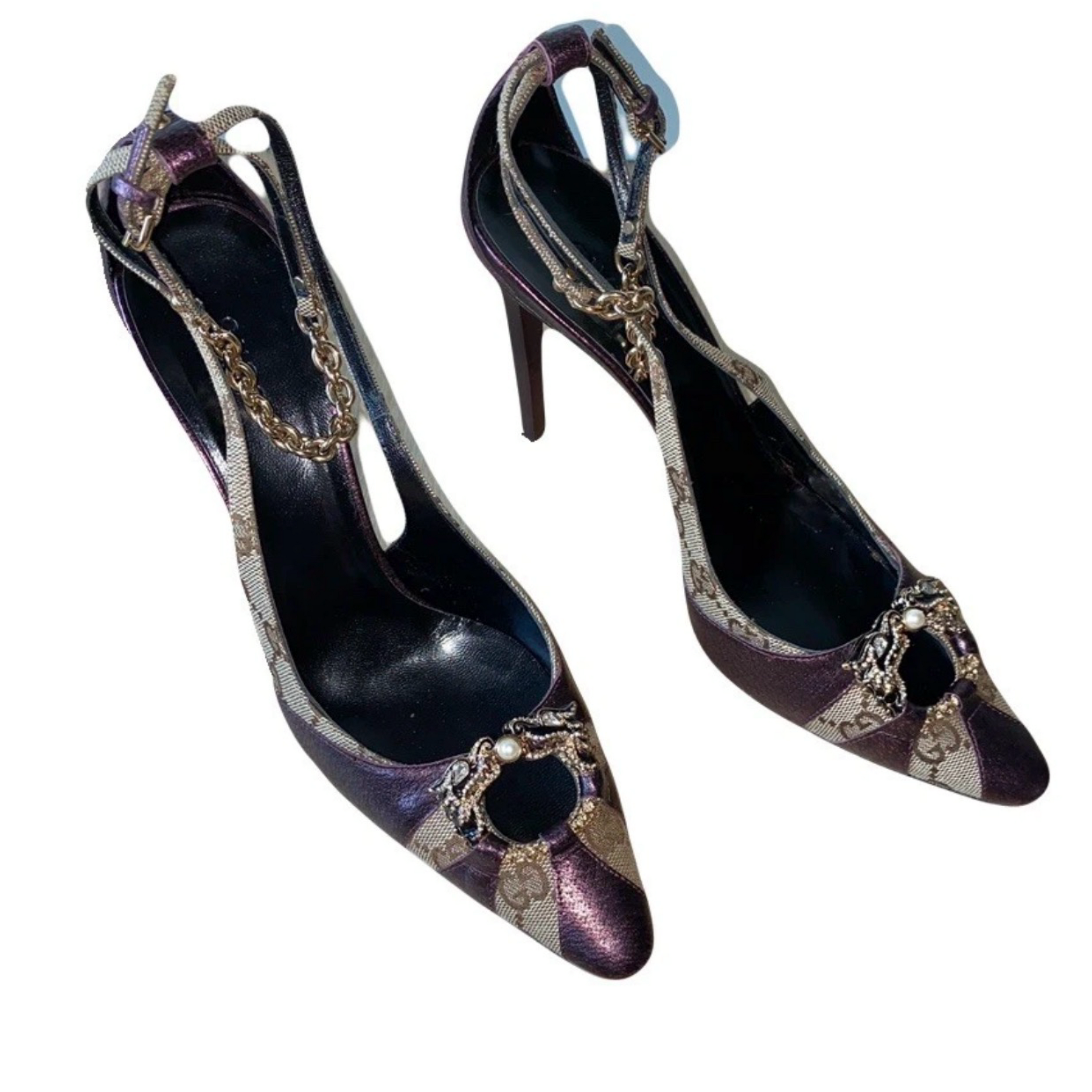 Gucci Dragon Heels Fall/2004 by Tom Ford Era Burgundy Leather GG Canvas Swarovski