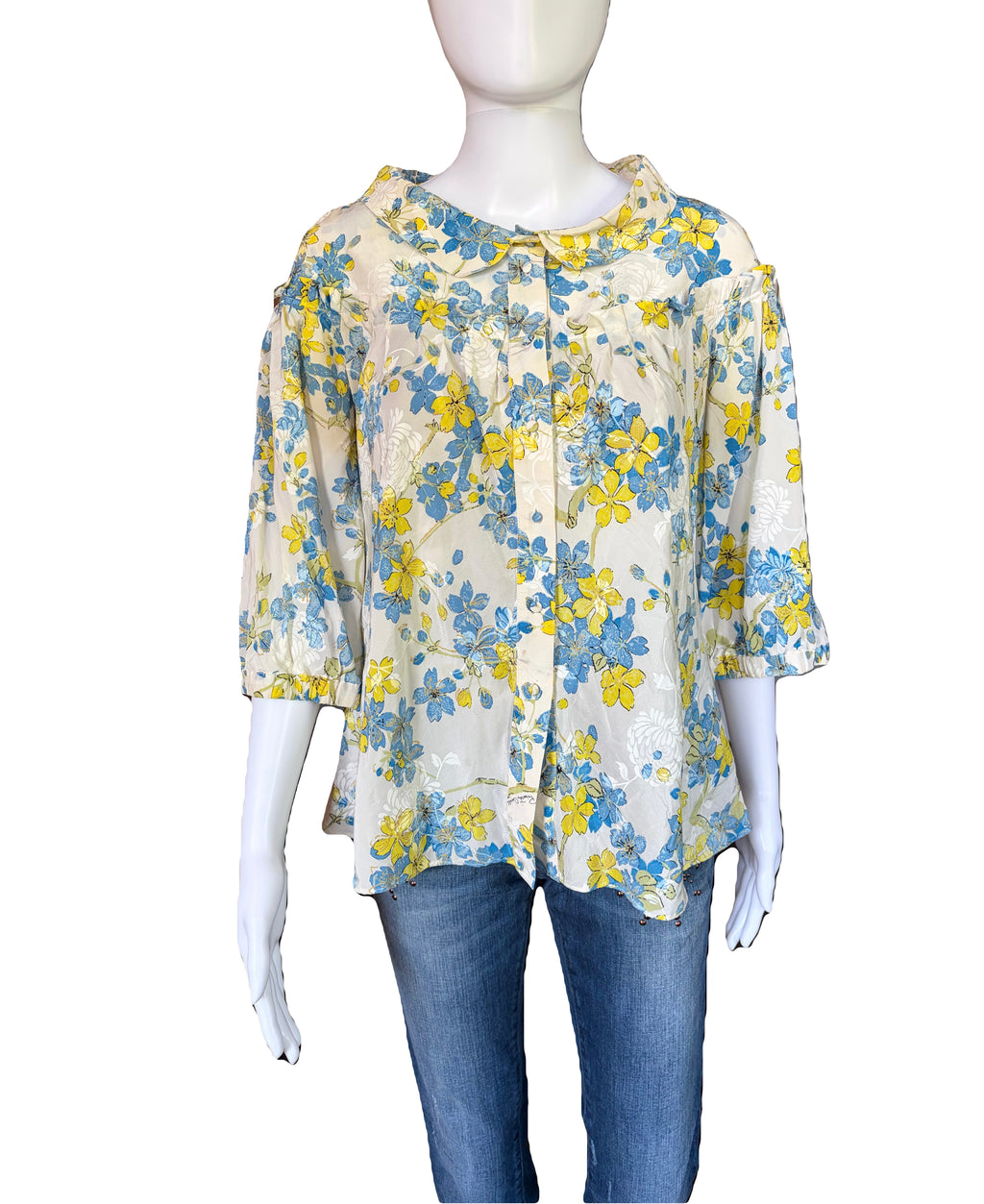 Roberto Cavalli 2000s Vintage Floral Blouse 100% Silk White Blue Green Cascade Ruffles 40IT