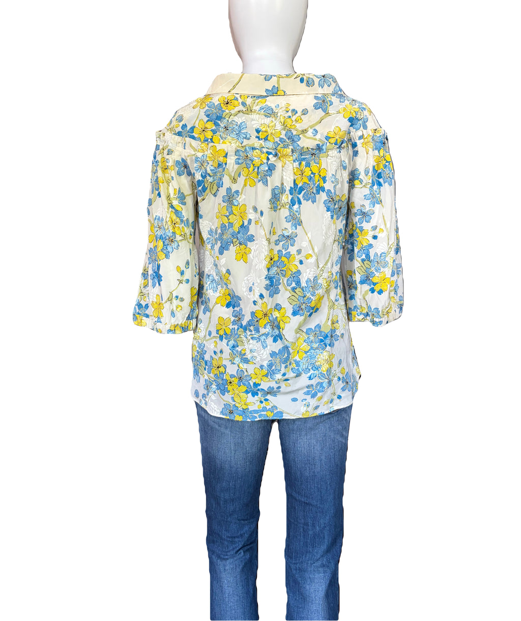 Roberto Cavalli 2000s Vintage Floral Blouse 100% Silk White Blue Green Cascade Ruffles 40IT