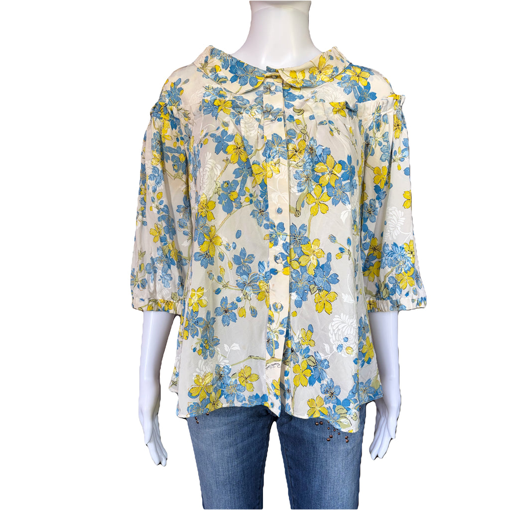 Roberto Cavalli 2000s Vintage Floral Blouse 100% Silk White Blue Green Cascade Ruffles 40IT