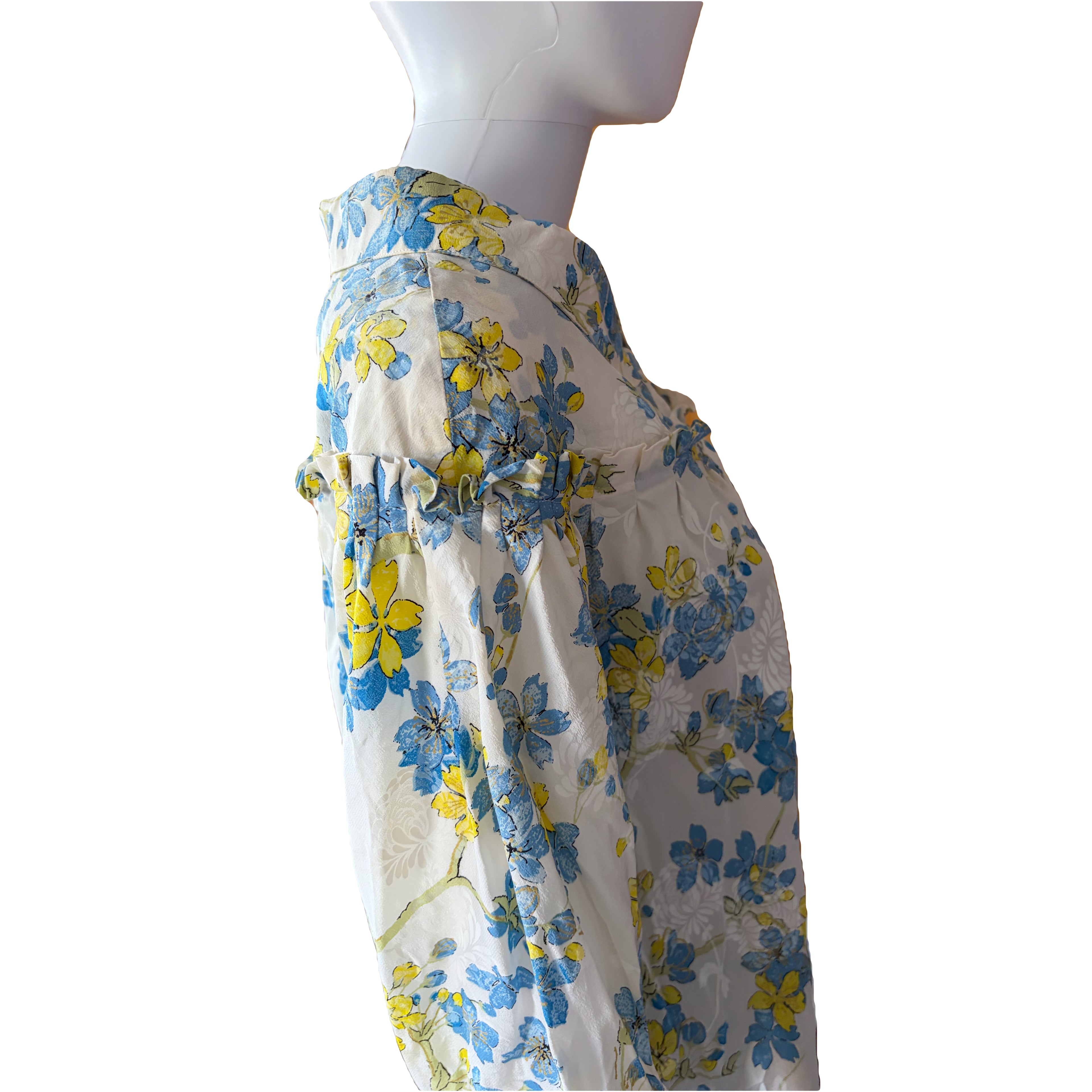 Roberto Cavalli 2000s Vintage Floral Blouse 100% Silk White Blue Green Cascade Ruffles 40IT