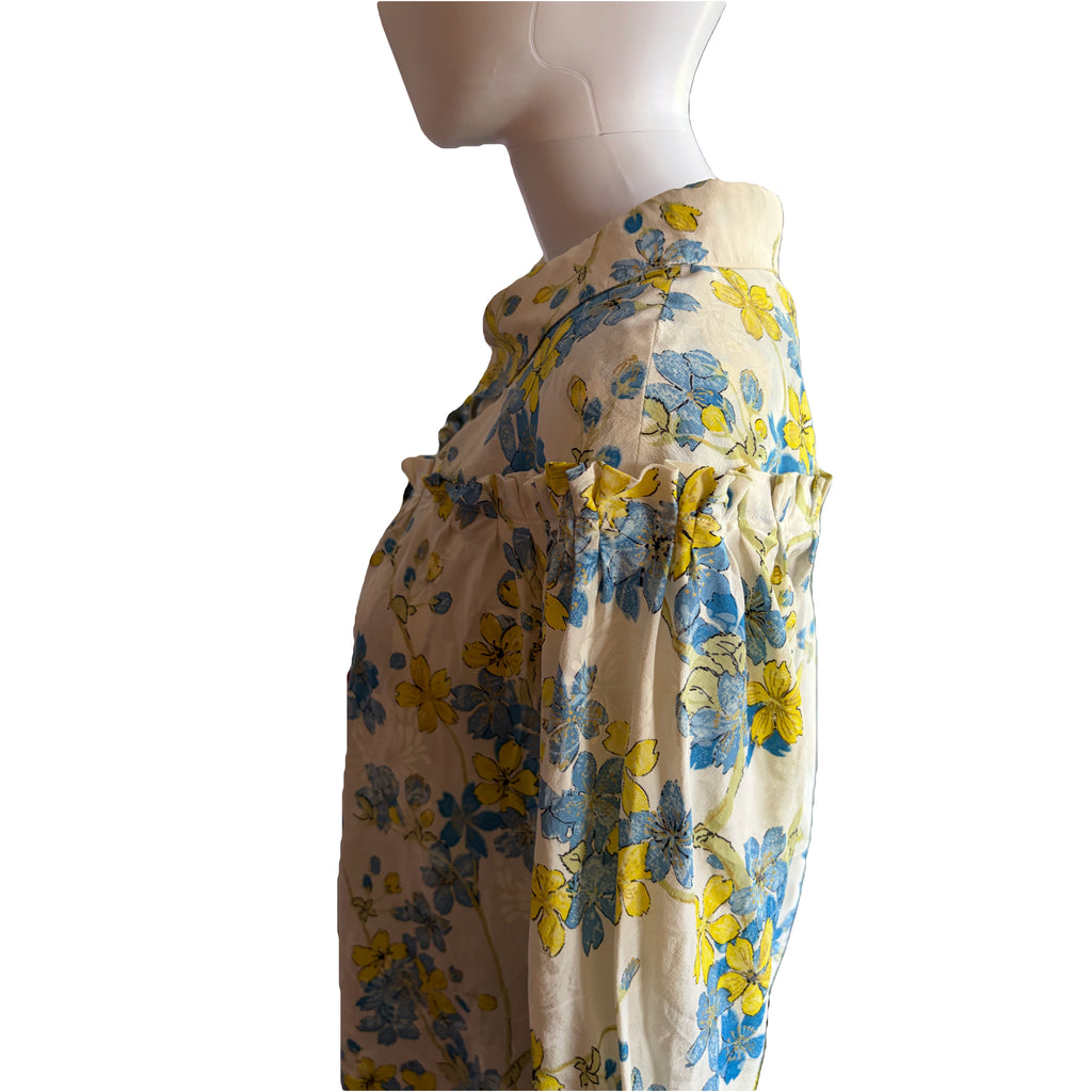 Roberto Cavalli 2000s Vintage Floral Blouse 100% Silk White Blue Green Cascade Ruffles 40IT