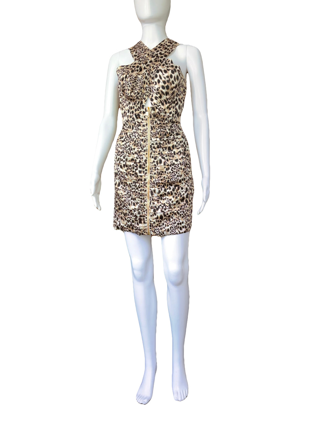 Roberto Cavalli 2000s Leo Print Ruched Silk Mini Dress Front Zip 42IT