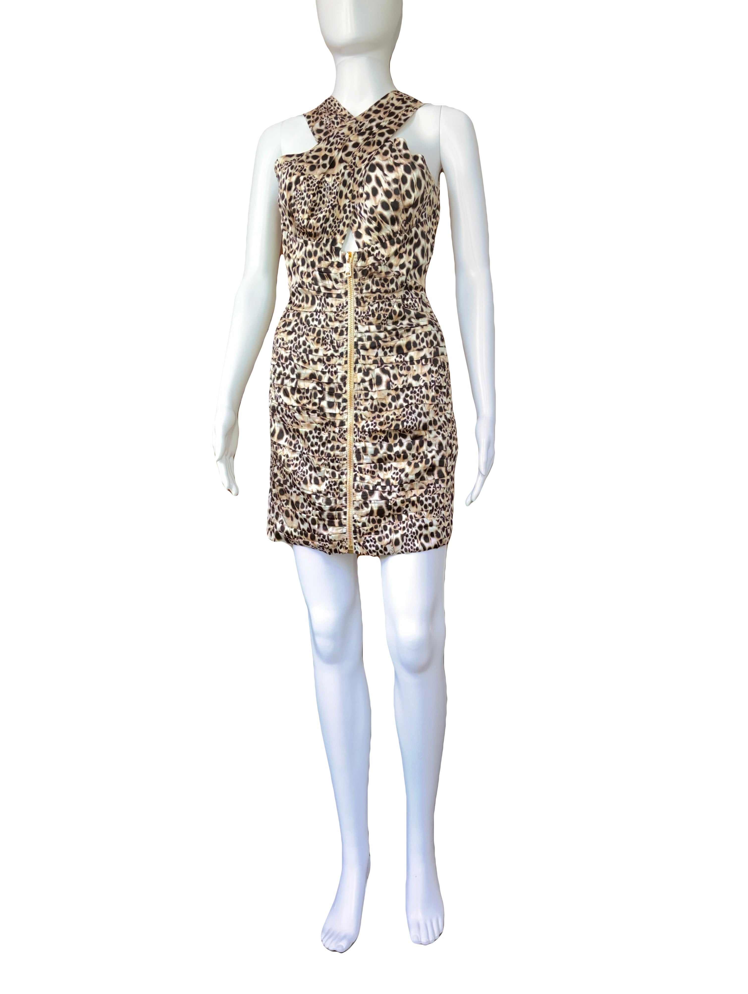 Roberto Cavalli 2000s Leo Print Ruched Silk Mini Dress Front Zip 42IT