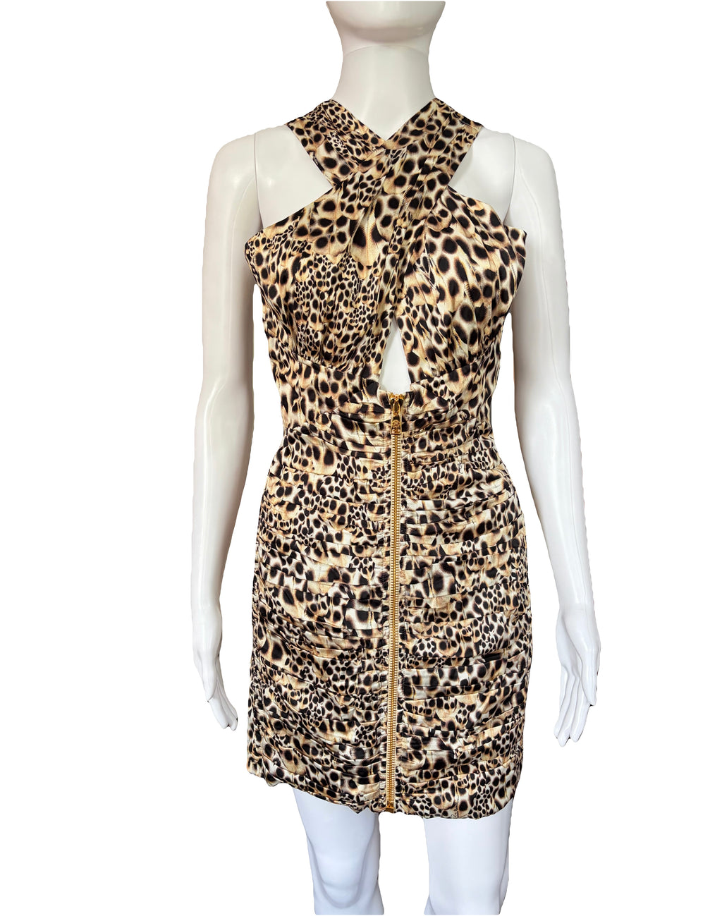 Roberto Cavalli 2000s Leo Print Ruched Silk Mini Dress Front Zip 42IT