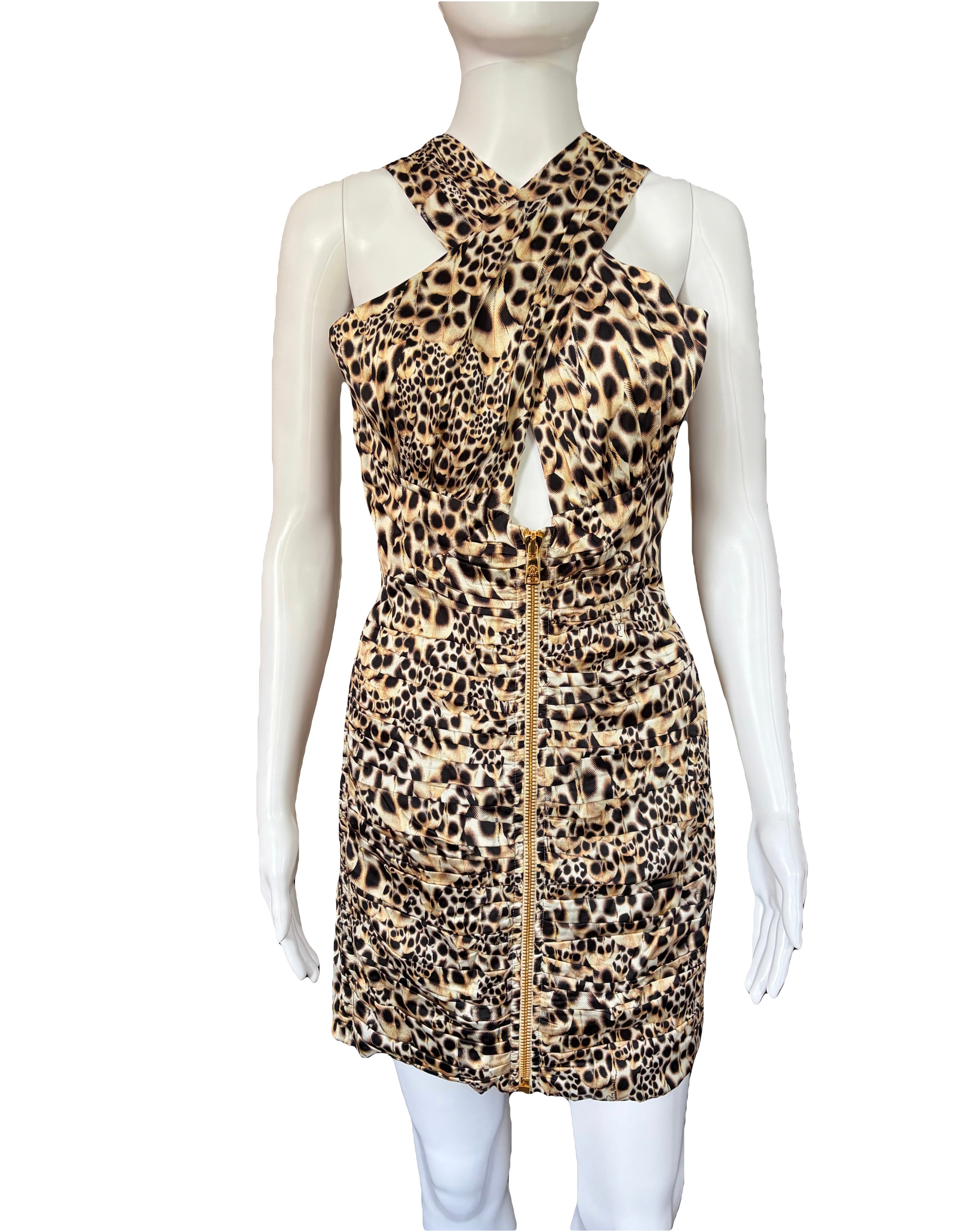 Roberto Cavalli 2000s Leo Print Ruched Silk Mini Dress Front Zip 42IT