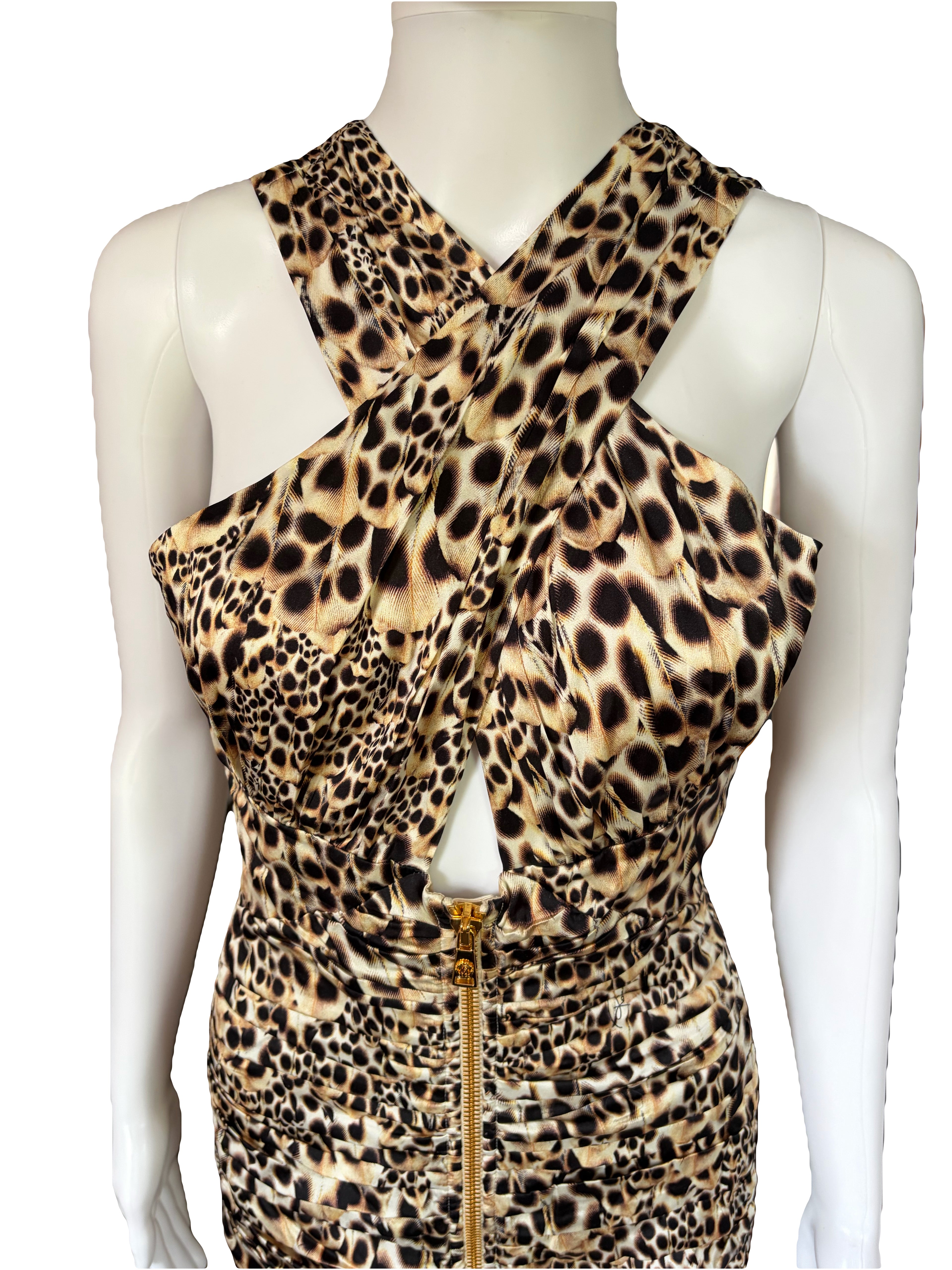 Roberto Cavalli 2000s Leo Print Ruched Silk Mini Dress Front Zip 42IT