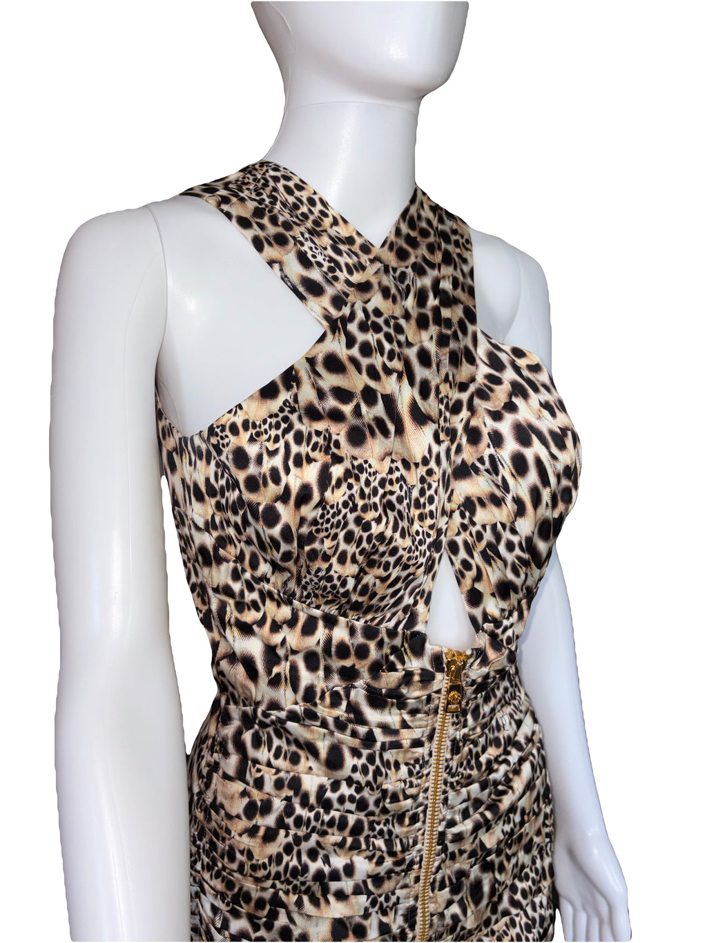 Roberto Cavalli 2000s Leo Print Ruched Silk Mini Dress Front Zip 42IT