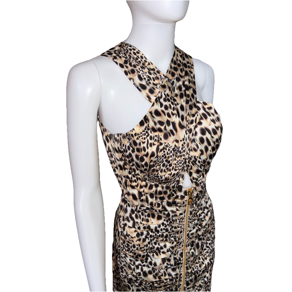 Roberto Cavalli 2000s Leo Print Ruched Silk Mini Dress Front Zip 42IT