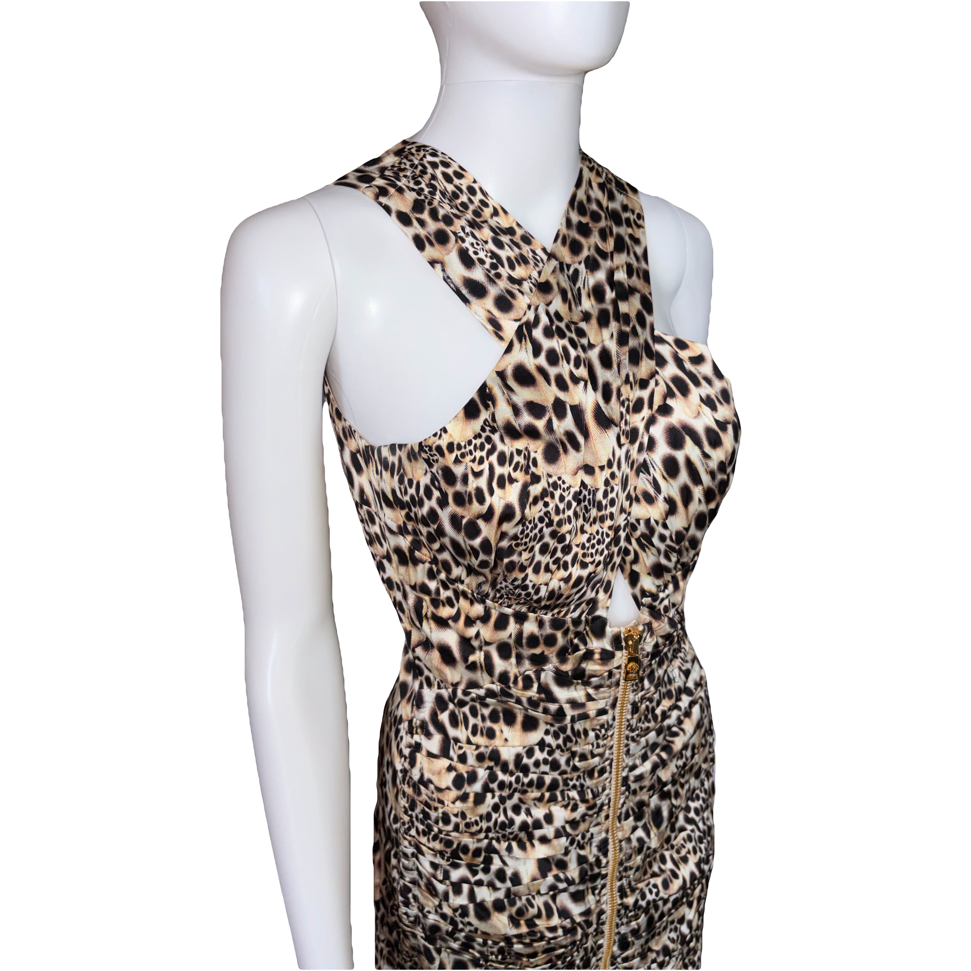 Roberto Cavalli 2000s Leo Print Ruched Silk Mini Dress Front Zip 42IT