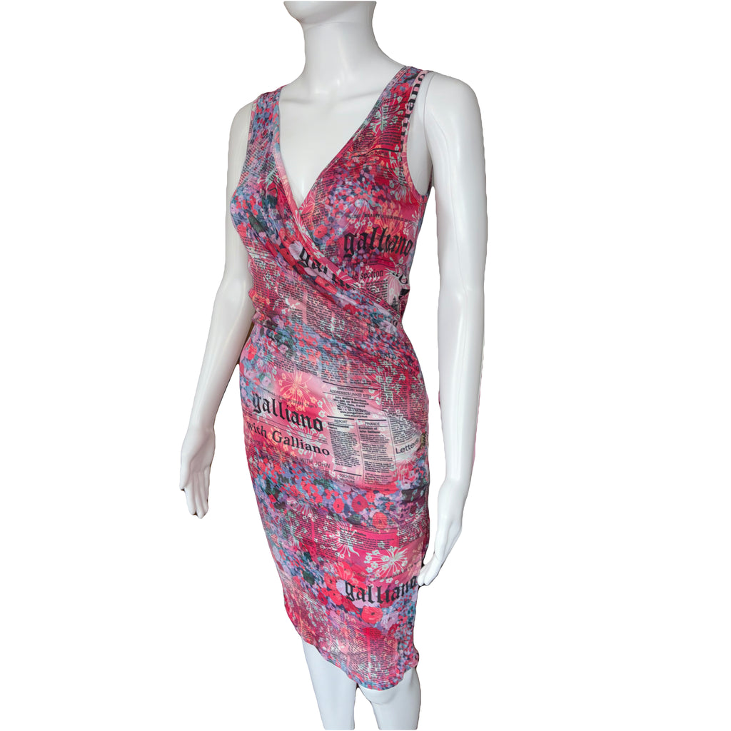 John Galliano Gazette Newspaper Print Pink Midi Dress 38IT Vintage 2000s