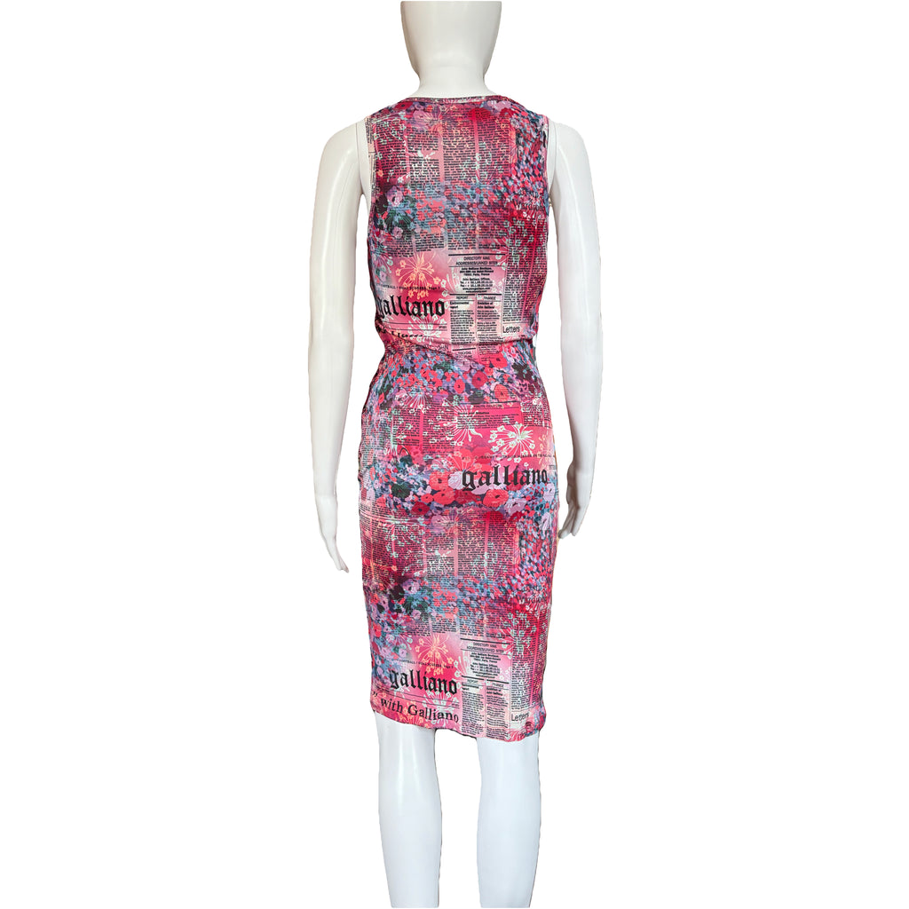 John Galliano Gazette Newspaper Print Pink Midi Dress 38IT Vintage 2000s