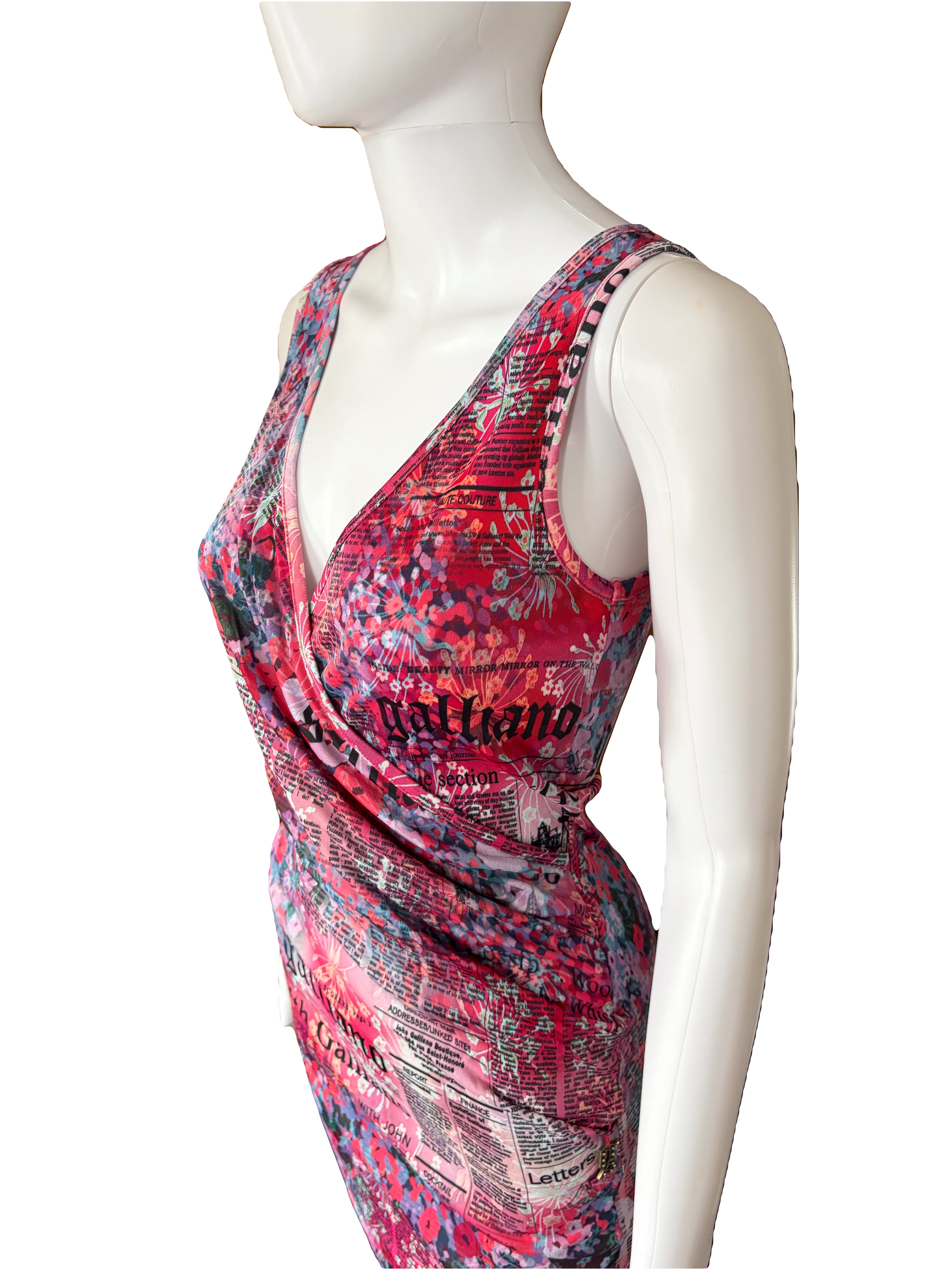 John Galliano Gazette Newspaper Print Pink Midi Dress 38IT Vintage 2000s