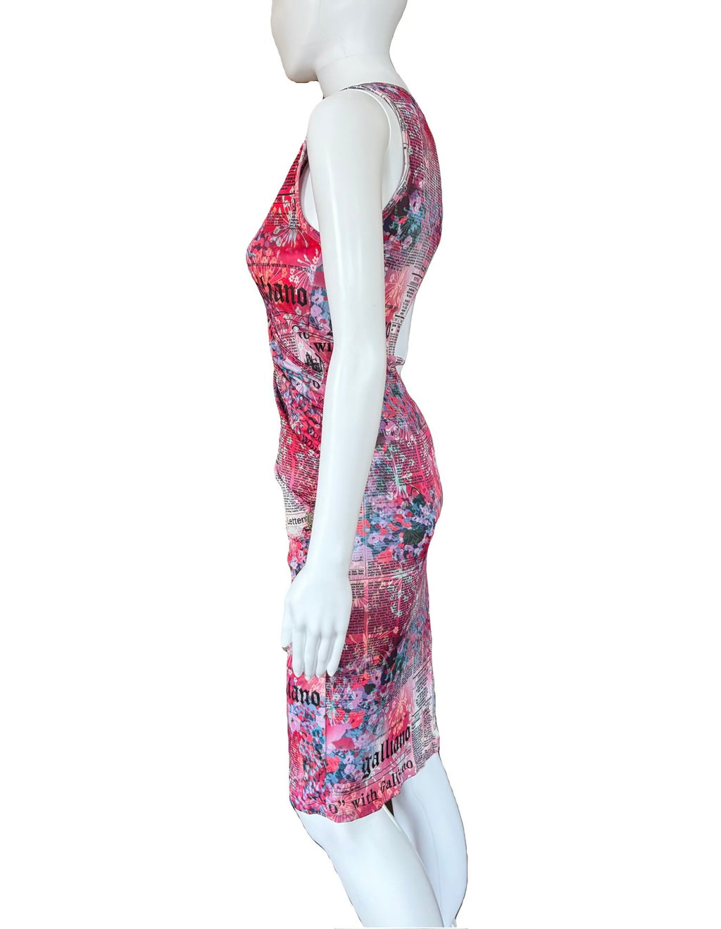 John Galliano Gazette Newspaper Print Pink Midi Dress 38IT Vintage 2000s
