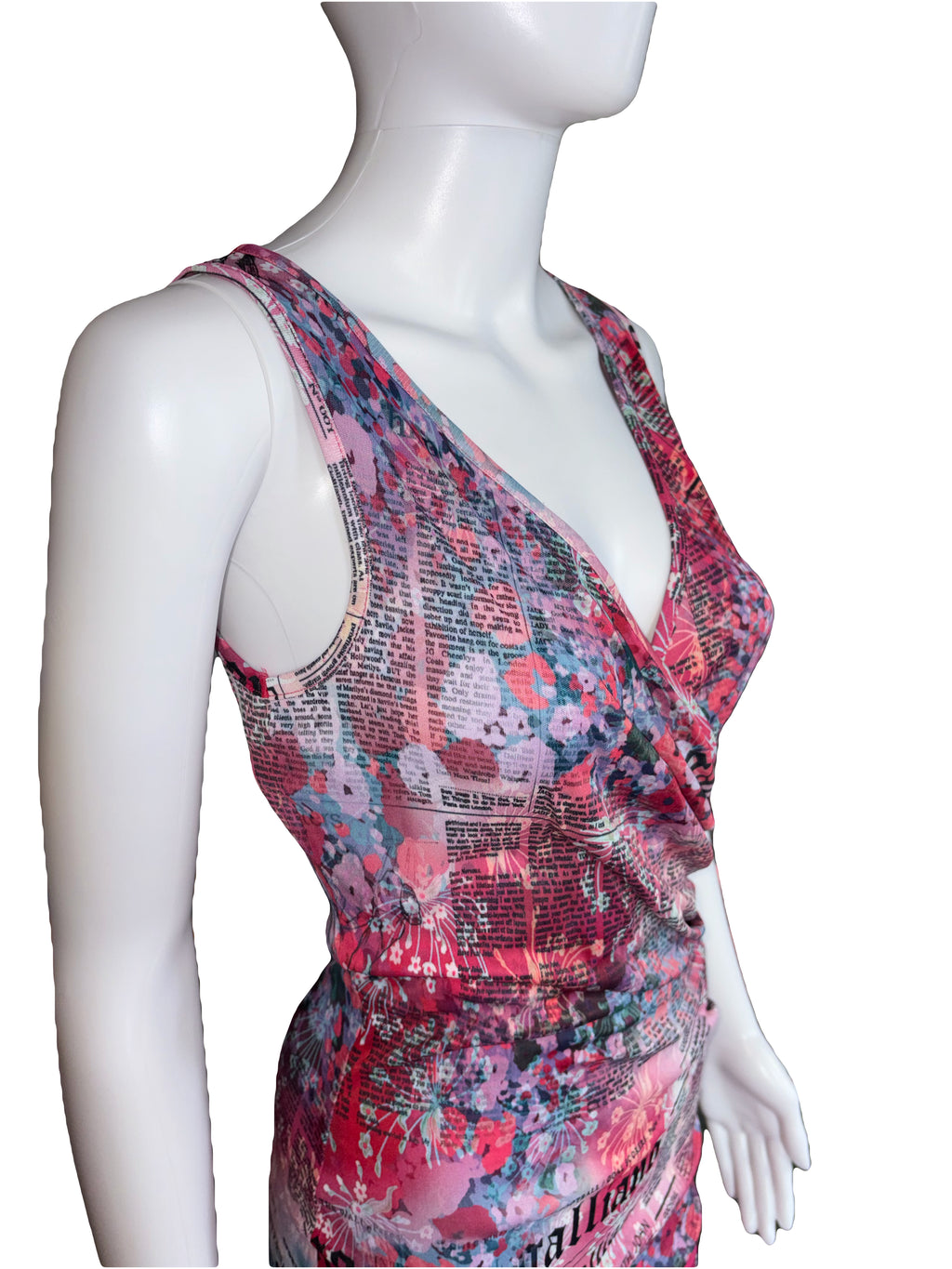 John Galliano Gazette Newspaper Print Pink Midi Dress 38IT Vintage 2000s