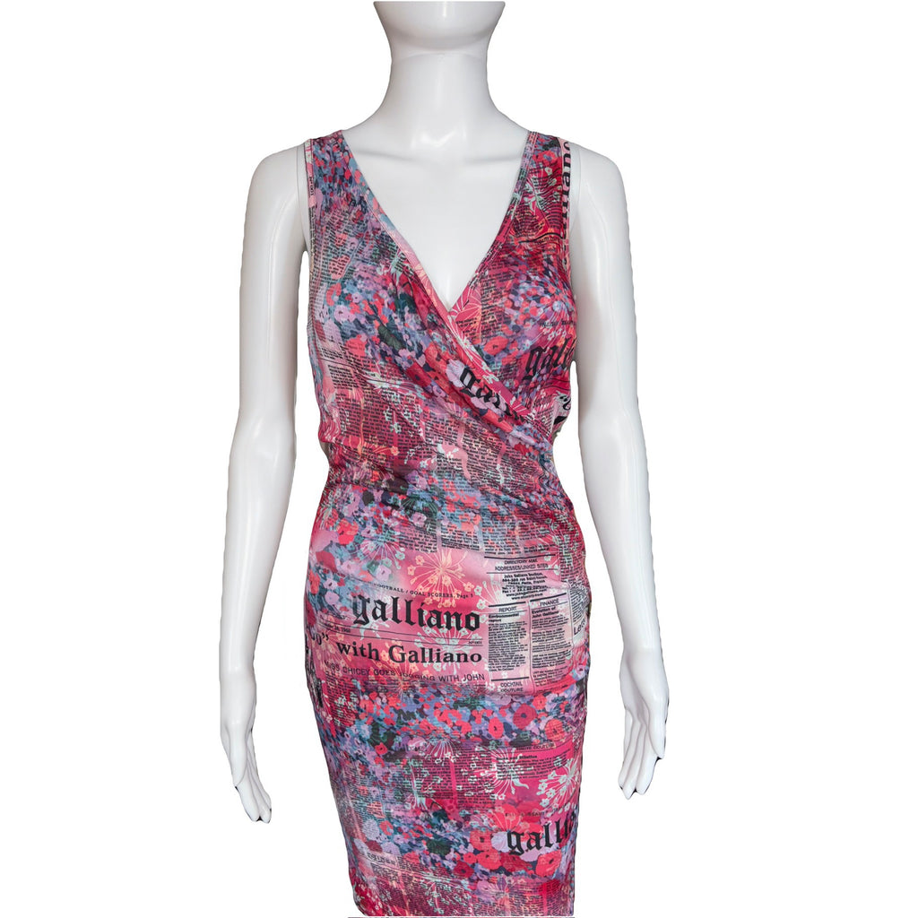 John Galliano Gazette Newspaper Print Pink Midi Dress 38IT Vintage 2000s