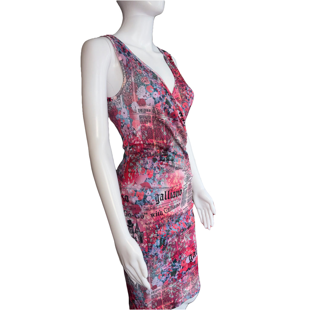 John Galliano Gazette Newspaper Print Pink Midi Dress 38IT Vintage 2000s