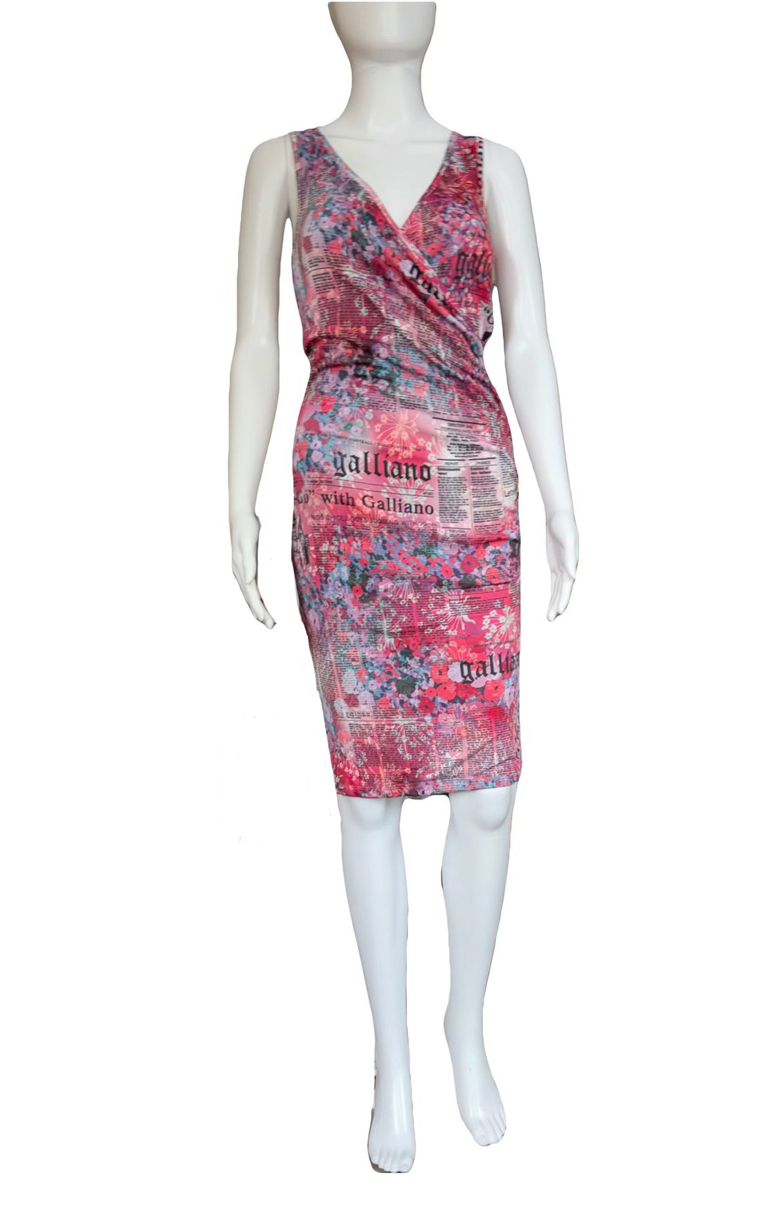 John Galliano Gazette Newspaper Print Pink Midi Dress 38IT Vintage 2000s