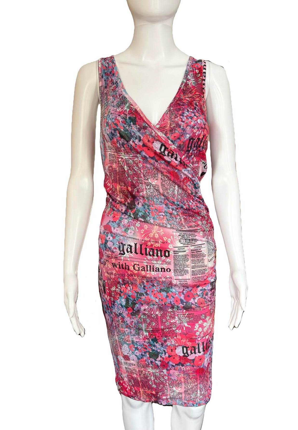 John Galliano Gazette Newspaper Print Pink Midi Dress 38IT Vintage 2000s