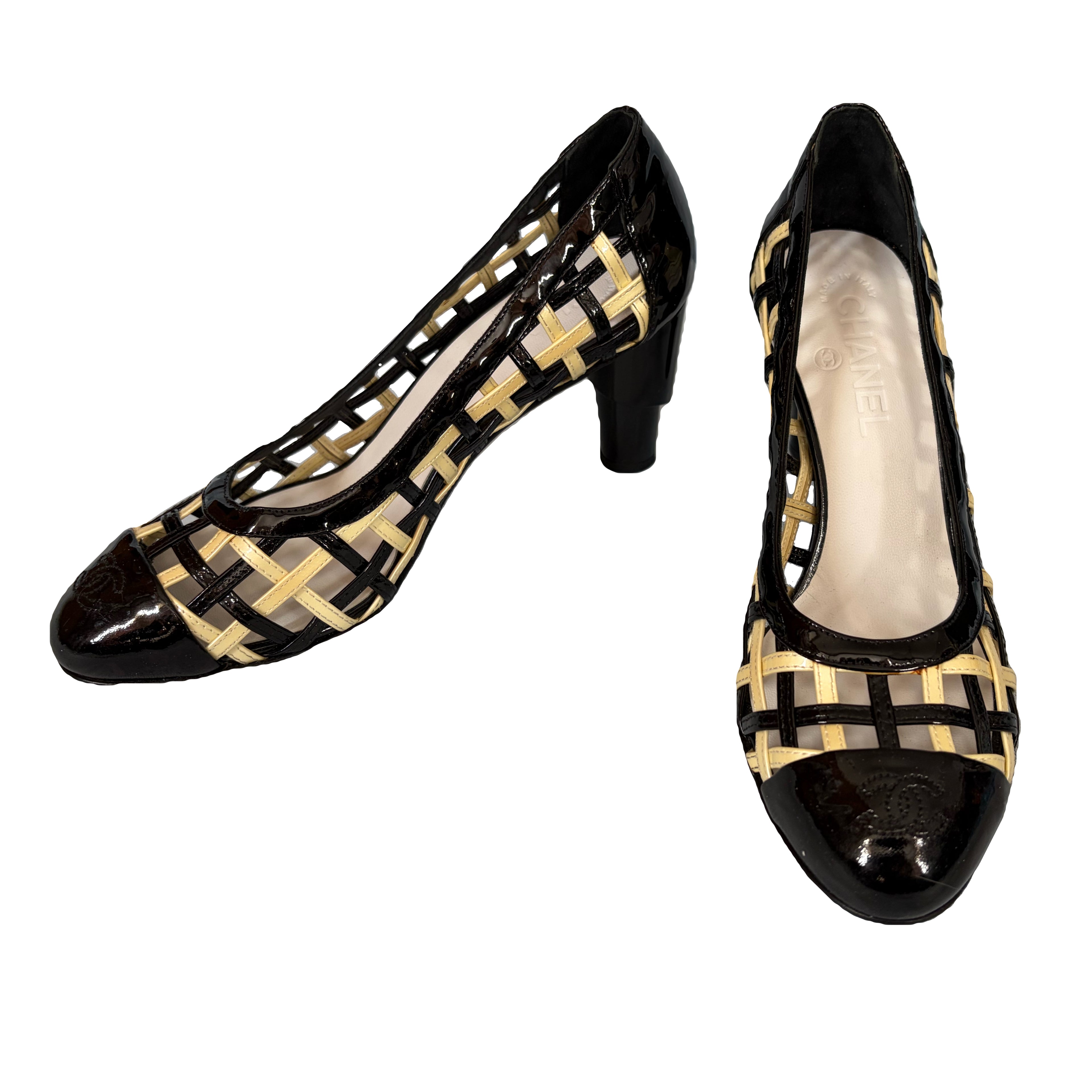 Chanel Resort 2009 Lattice Straps Pumps Black Beige Yellow Patent Leather 38.5eu