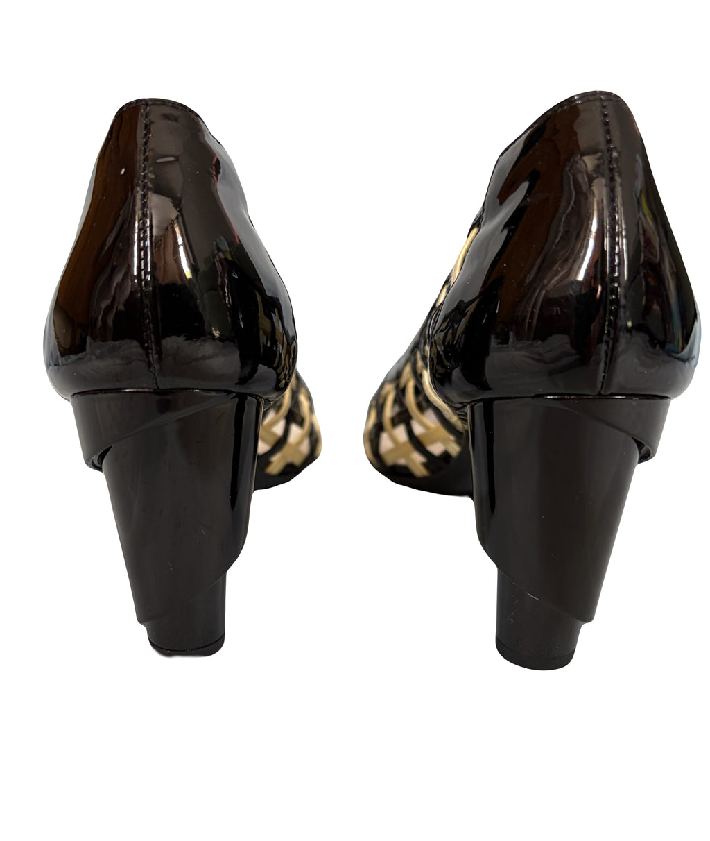 Chanel Resort 2009 Lattice Straps Pumps Black Beige Yellow Patent Leather 38.5eu