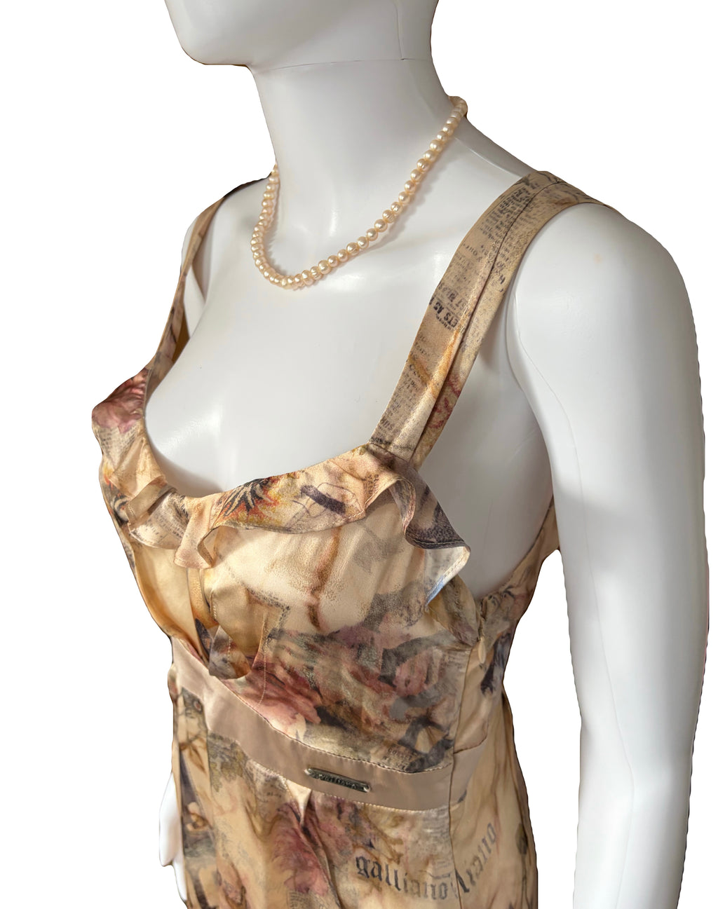 John Galliano 2000s Silk Dress Ruffled Front Gazette Print Romantic Floral 42IT