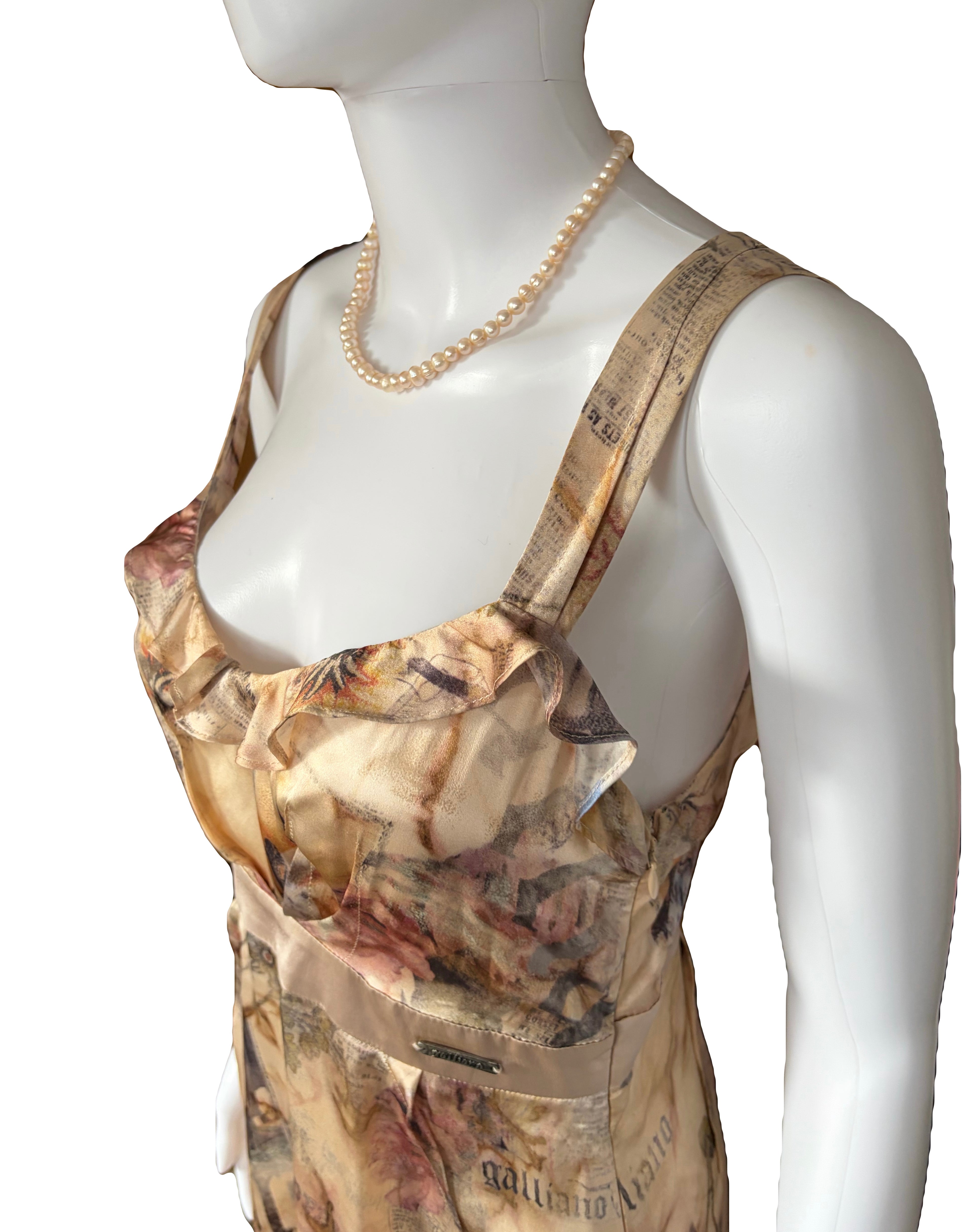 John Galliano 2000s Silk Dress Ruffled Front Gazette Print Romantic Floral 42IT