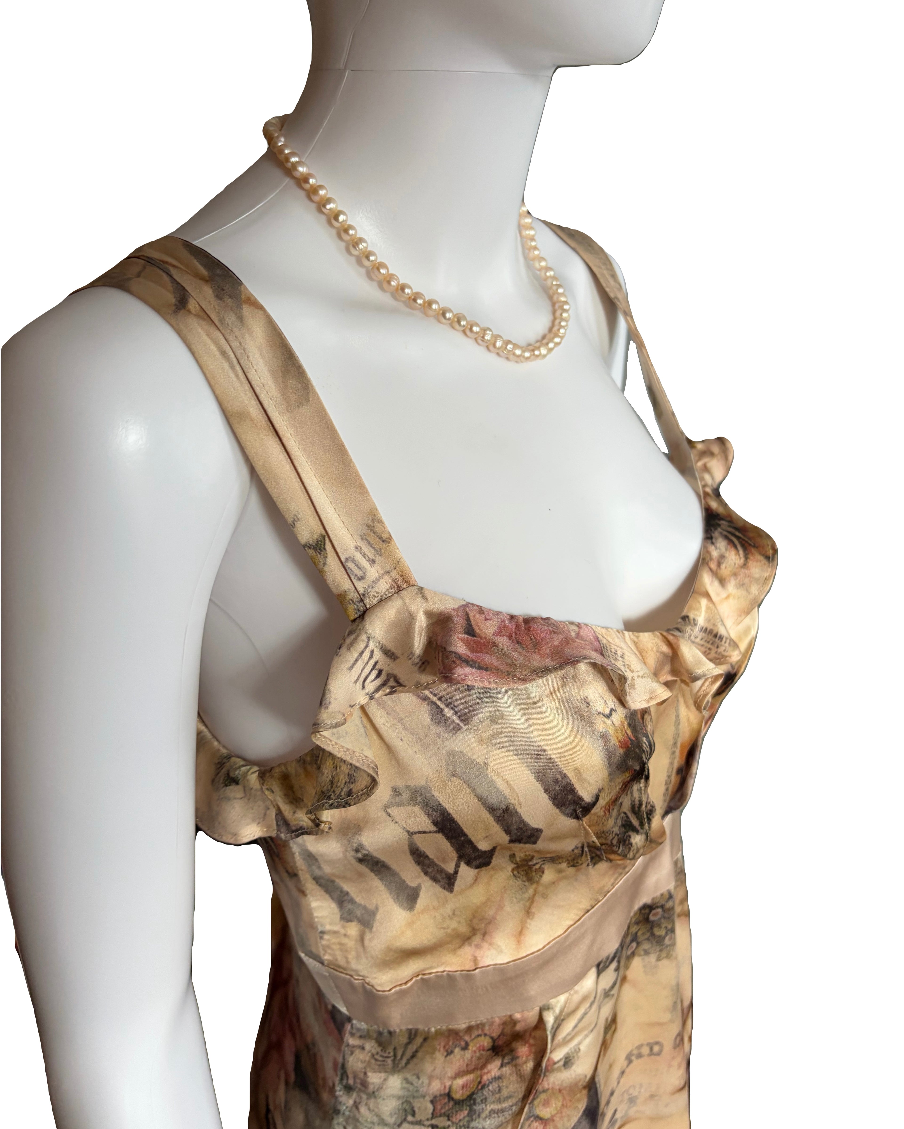 John Galliano 2000s Silk Dress Ruffled Front Gazette Print Romantic Floral 42IT