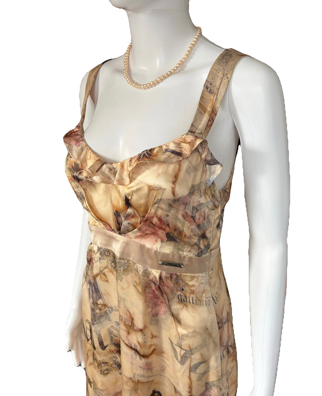 John Galliano 2000s Silk Dress Ruffled Front Gazette Print Romantic Floral 42IT
