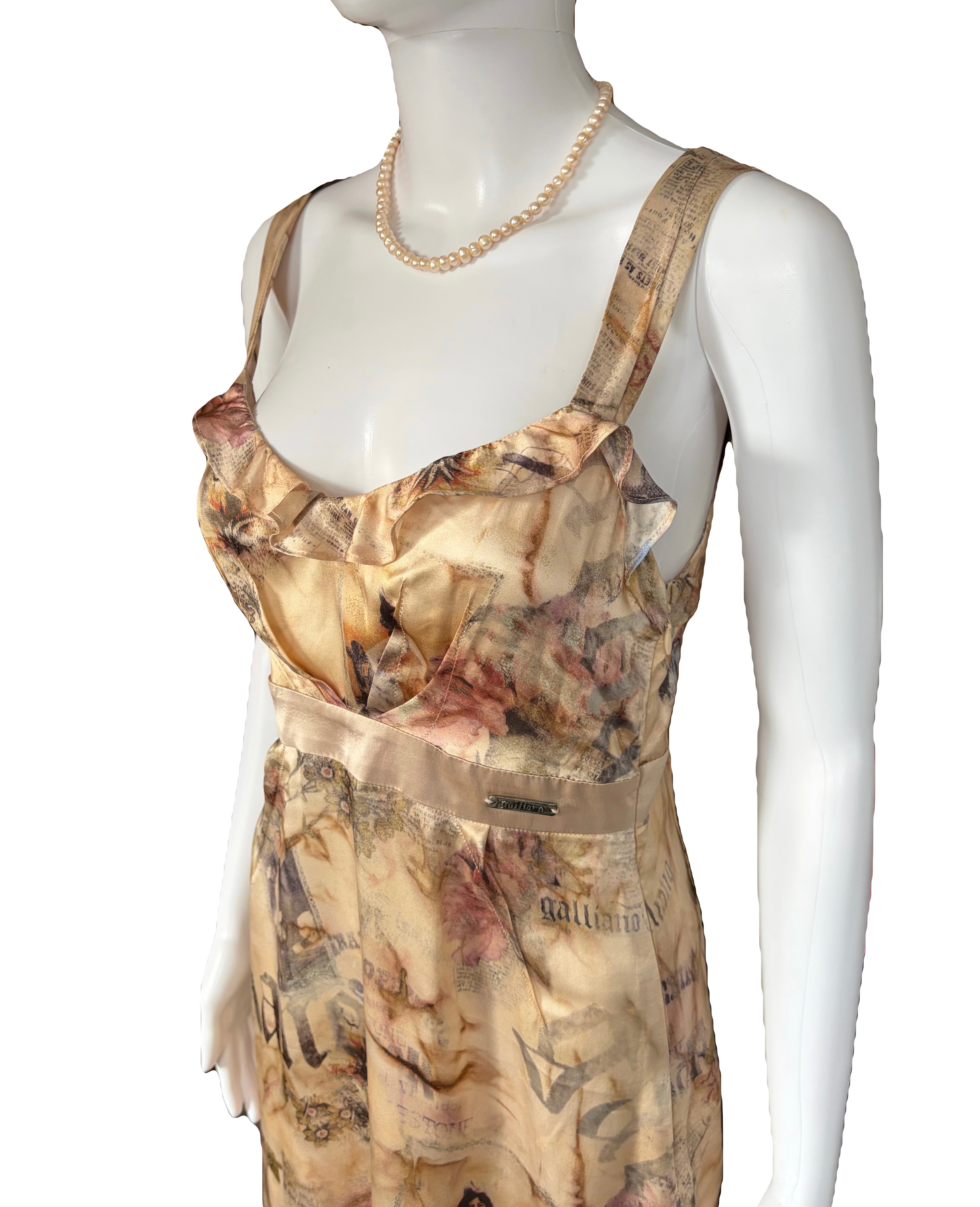 John Galliano 2000s Silk Dress Ruffled Front Gazette Print Romantic Floral 42IT