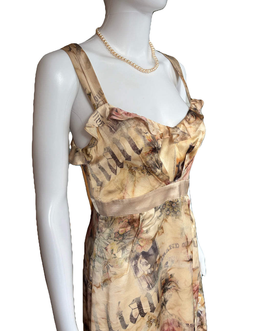 John Galliano 2000s Silk Dress Ruffled Front Gazette Print Romantic Floral 42IT