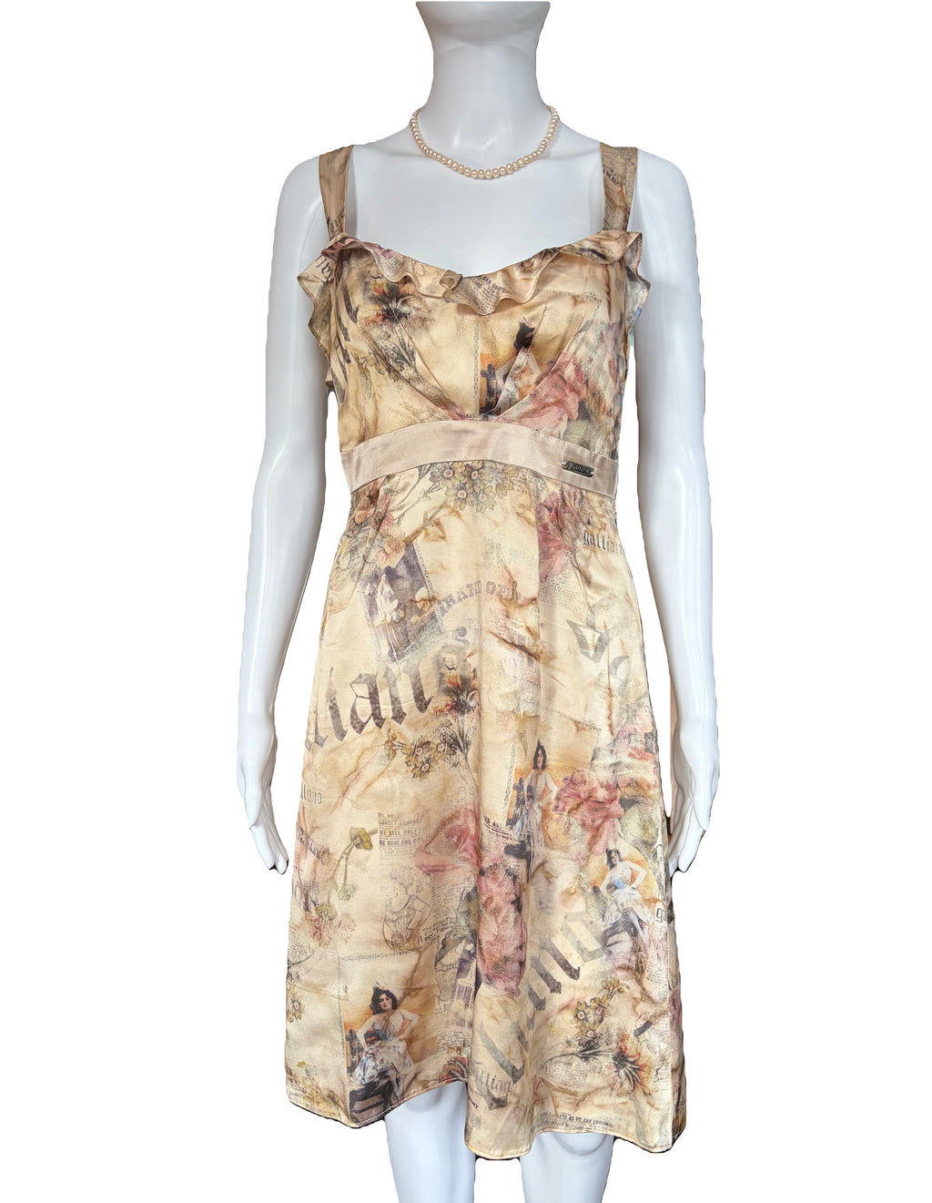 John Galliano 2000s Silk Dress Ruffled Front Gazette Print Romantic Floral 42IT