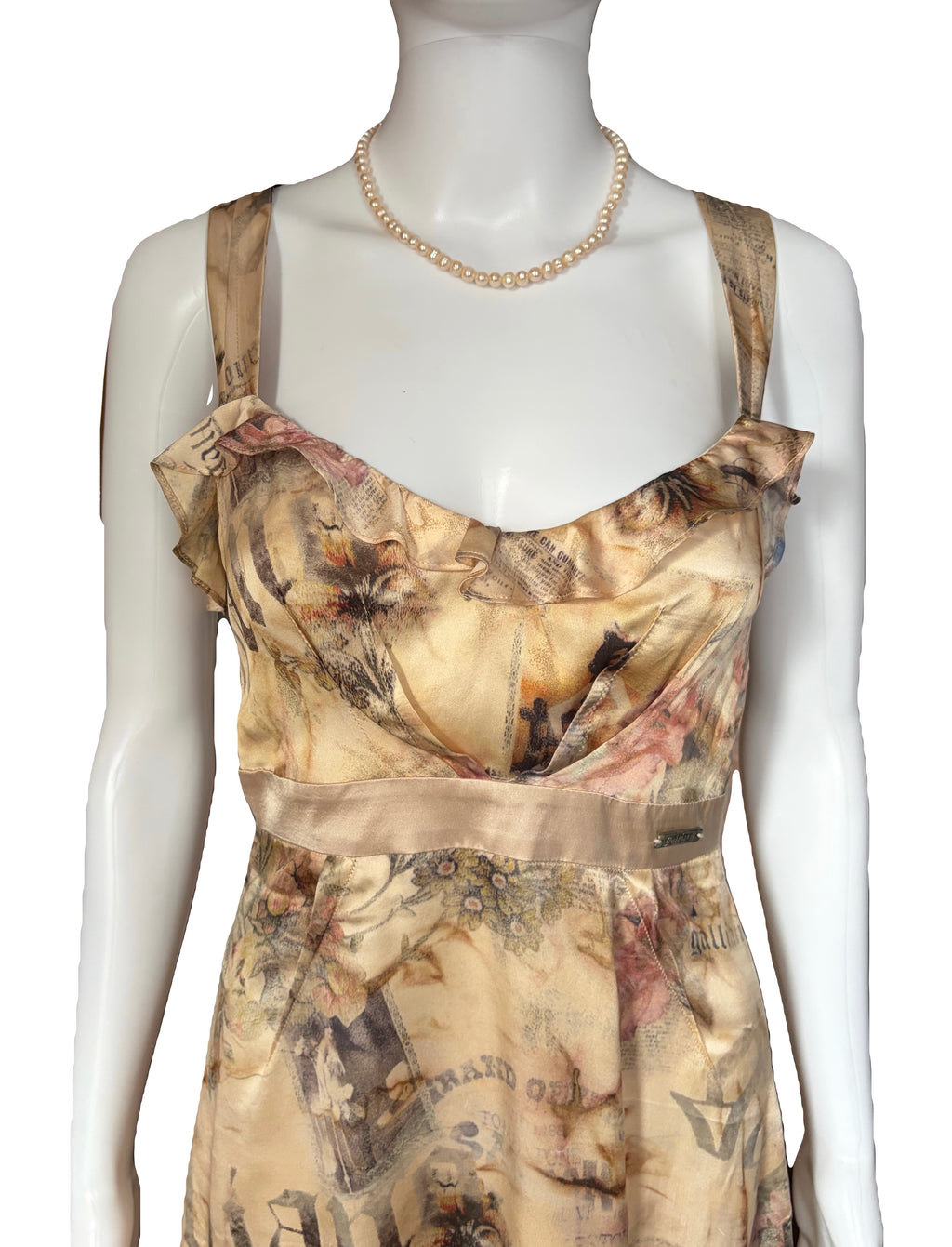 John Galliano 2000s Silk Dress Ruffled Front Gazette Print Romantic Floral 42IT