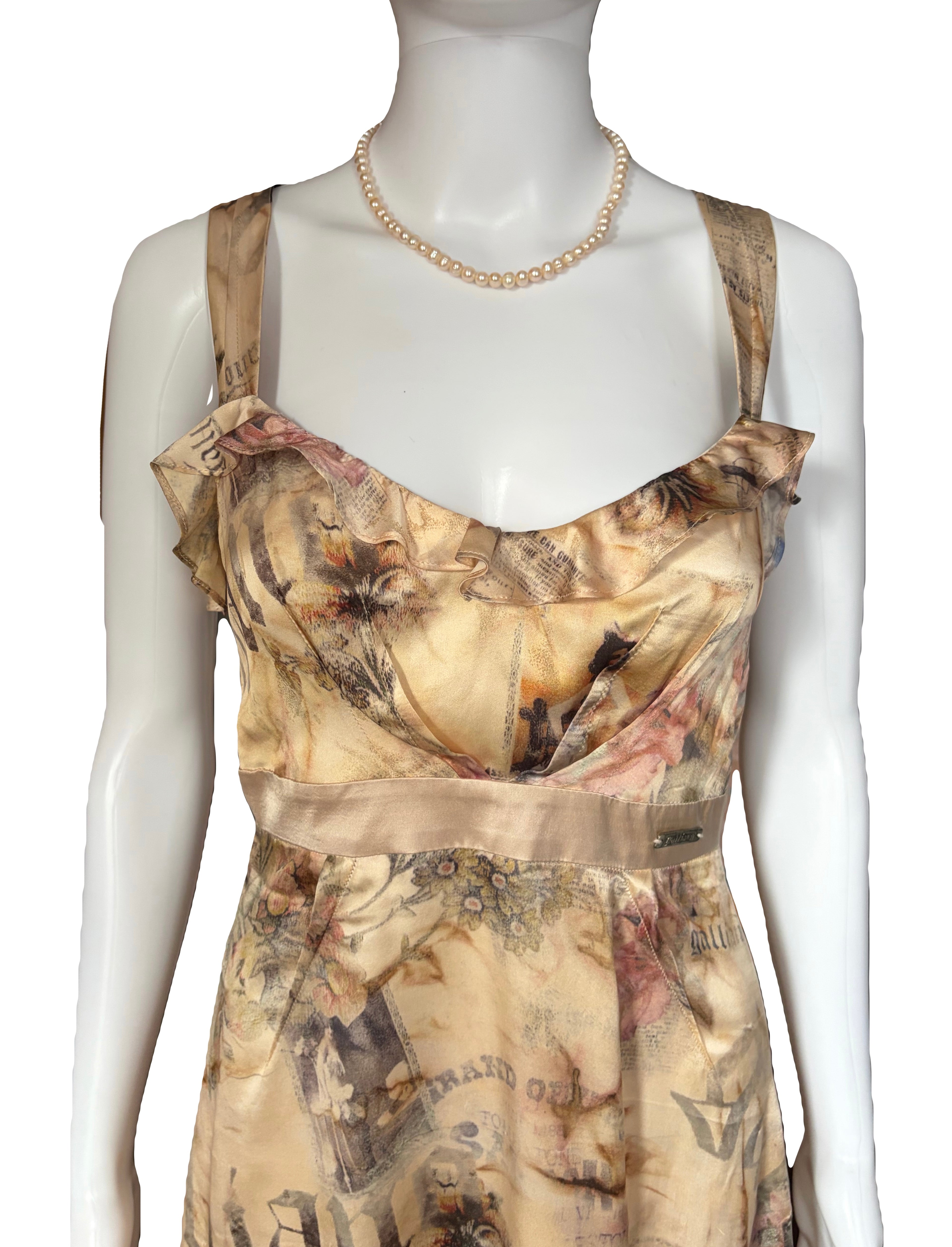 John Galliano 2000s Silk Dress Ruffled Front Gazette Print Romantic Floral 42IT