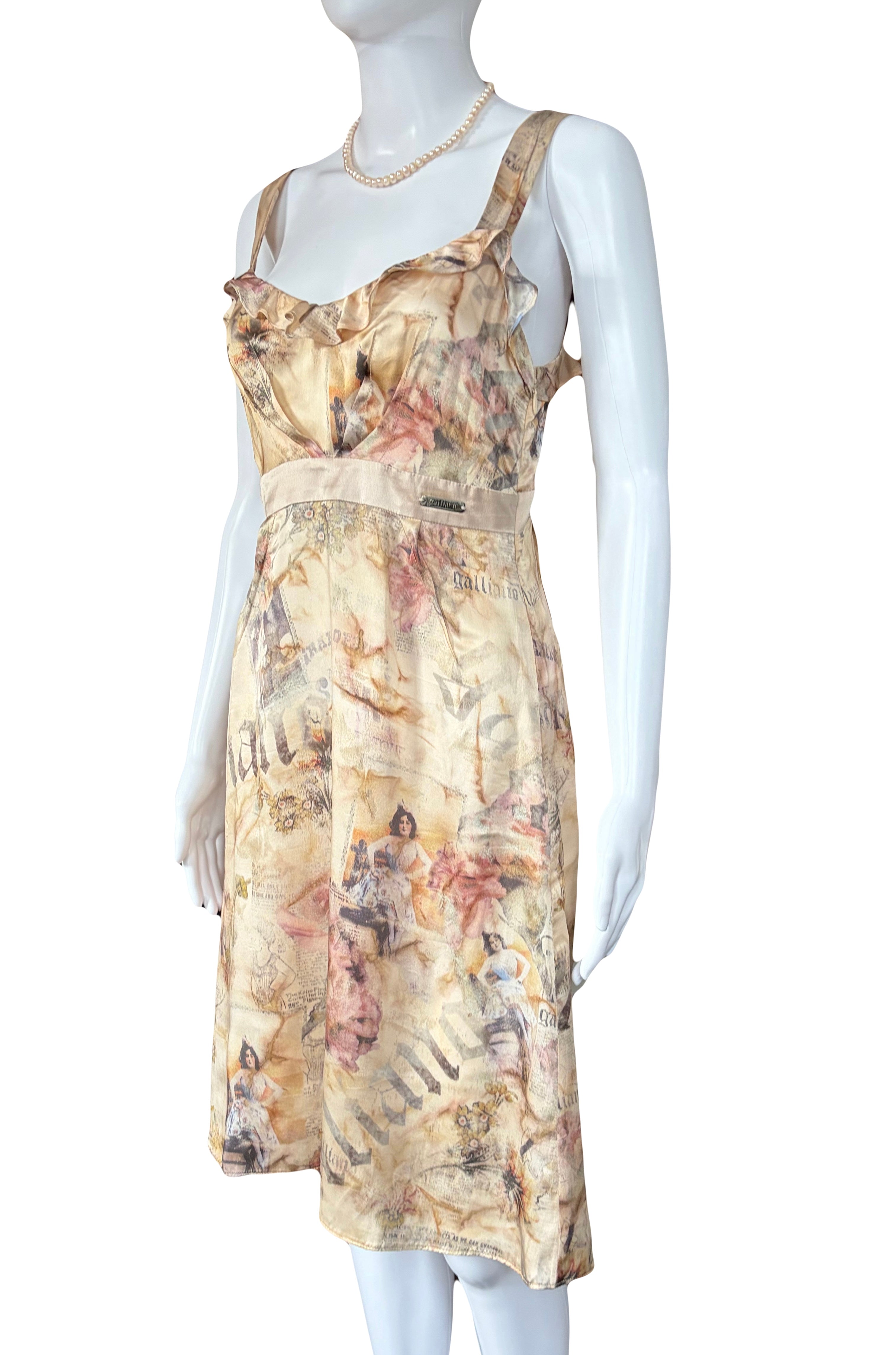John Galliano 2000s Silk Dress Ruffled Front Gazette Print Romantic Floral 42IT