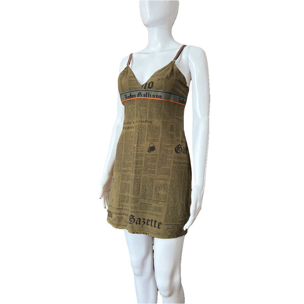 John Galliano 2000s Vintage Newspaper Gazette Print Mini Dress S
