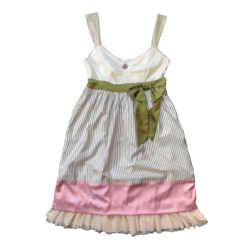 John Galliano 2000s Vintage Silk Striped Dress Lace Trim Tulle Top 40 IT