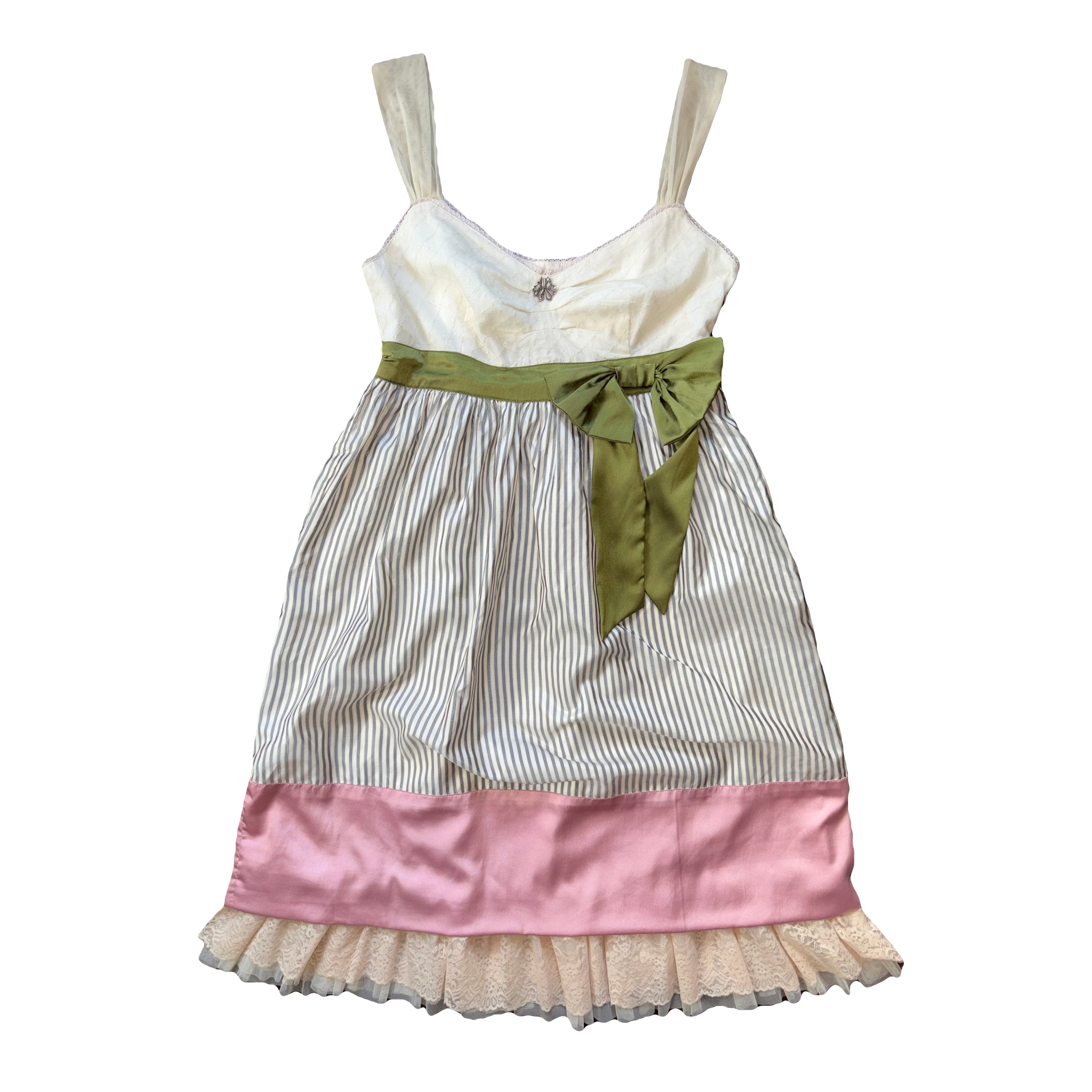 John Galliano 2000s Vintage Silk Striped Dress Lace Trim Tulle Top 40 IT