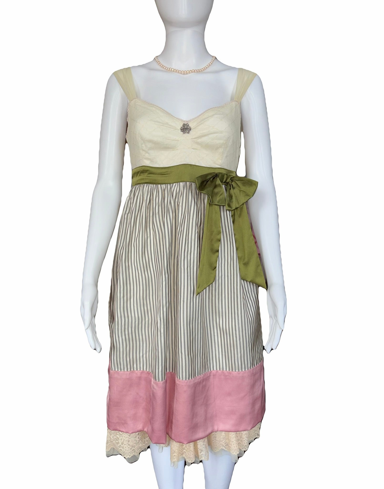 John Galliano 2000s Vintage Silk Striped Dress Lace Trim Tulle Top 40 IT
